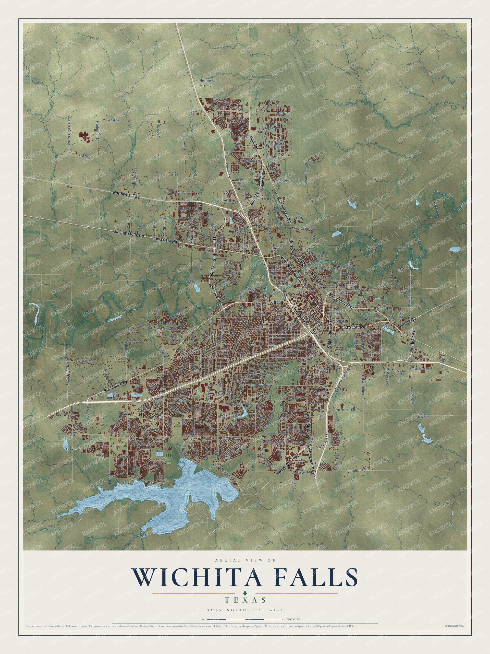 Full map of Wichita Falls, Texas, with red buildings, printed street names and the land around them