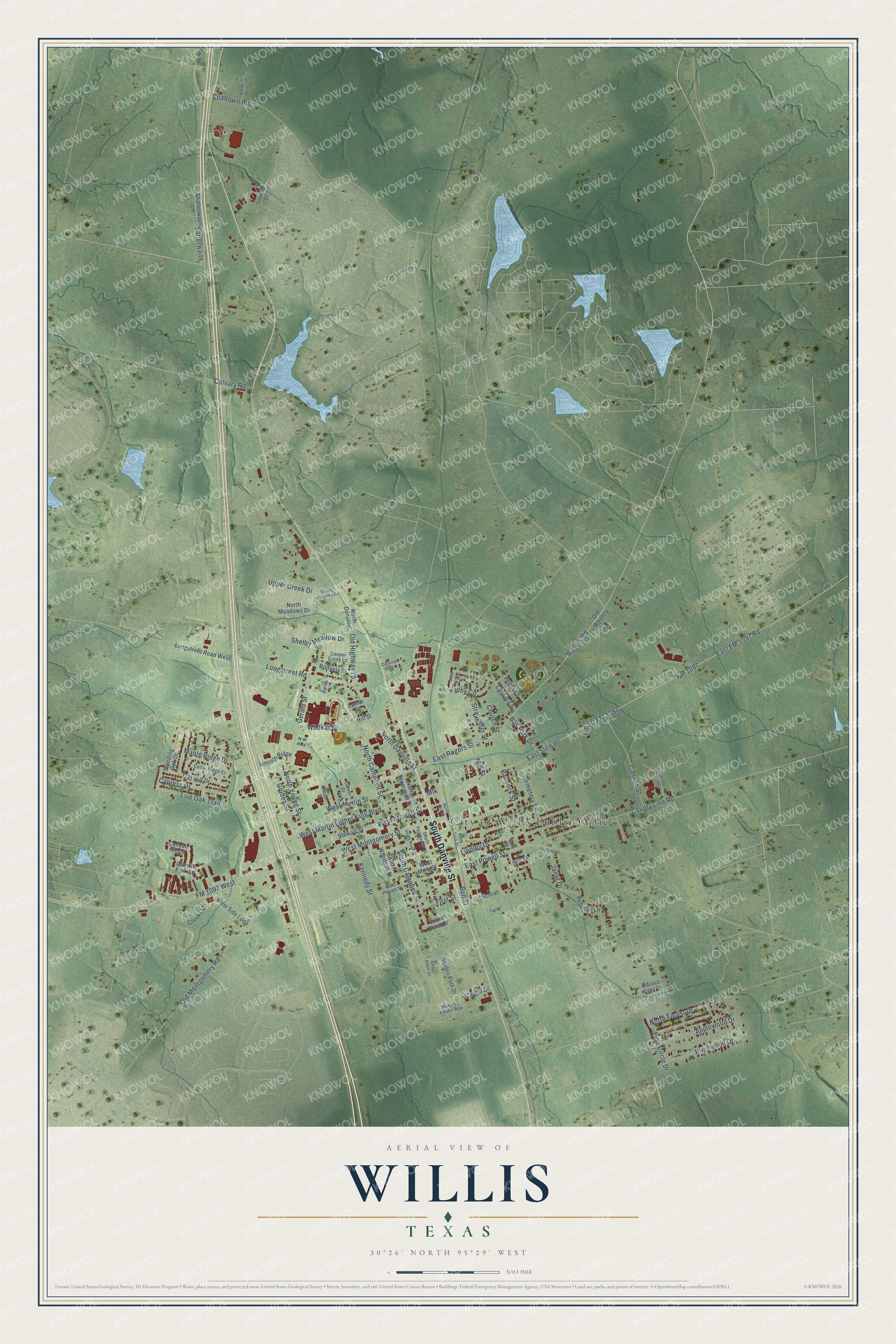 Full map of Willis, Texas, with red buildings, printed street names and the land around them