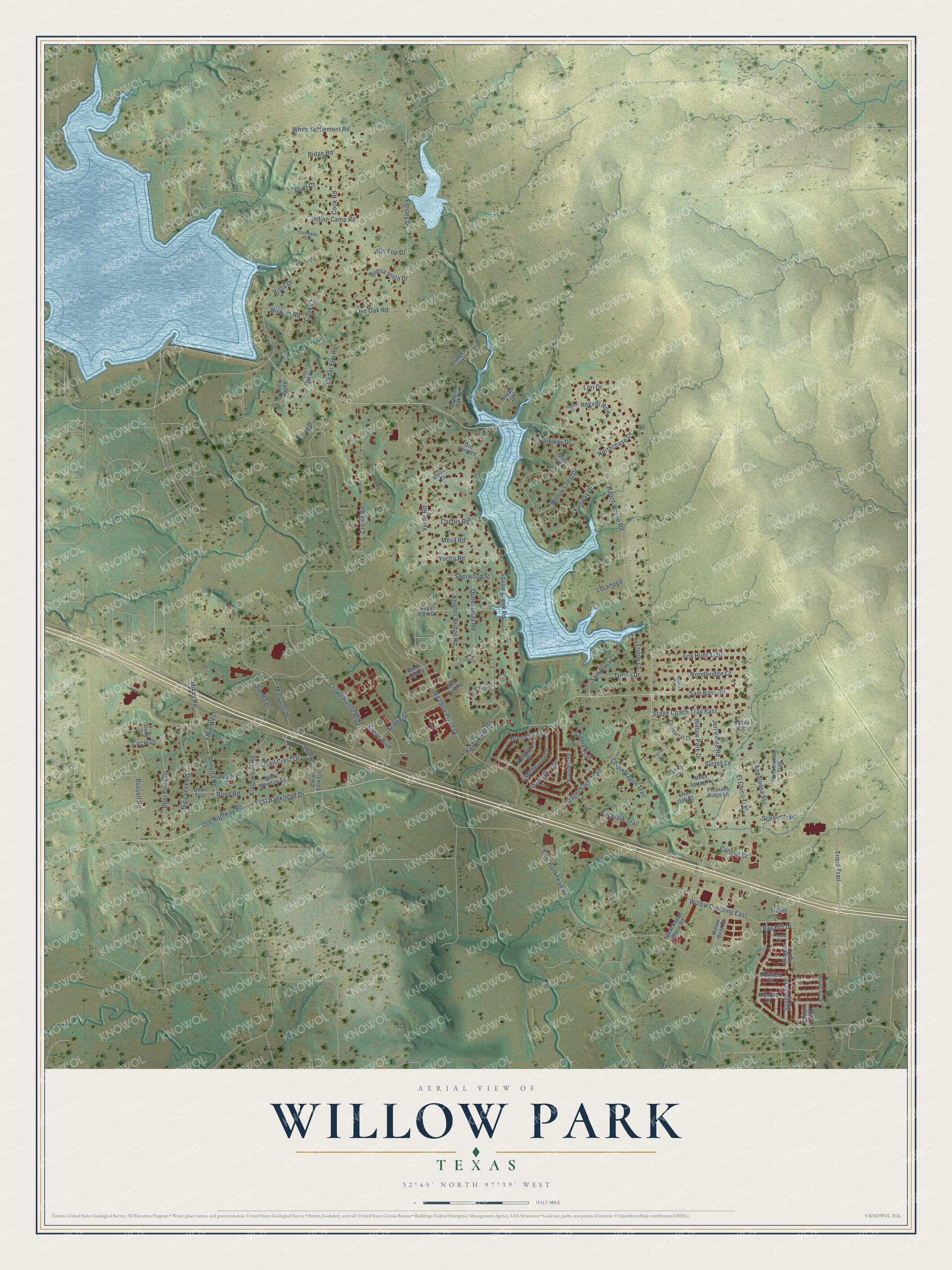 Full map of Willow Park, Texas, with red buildings, printed street names and the land around them