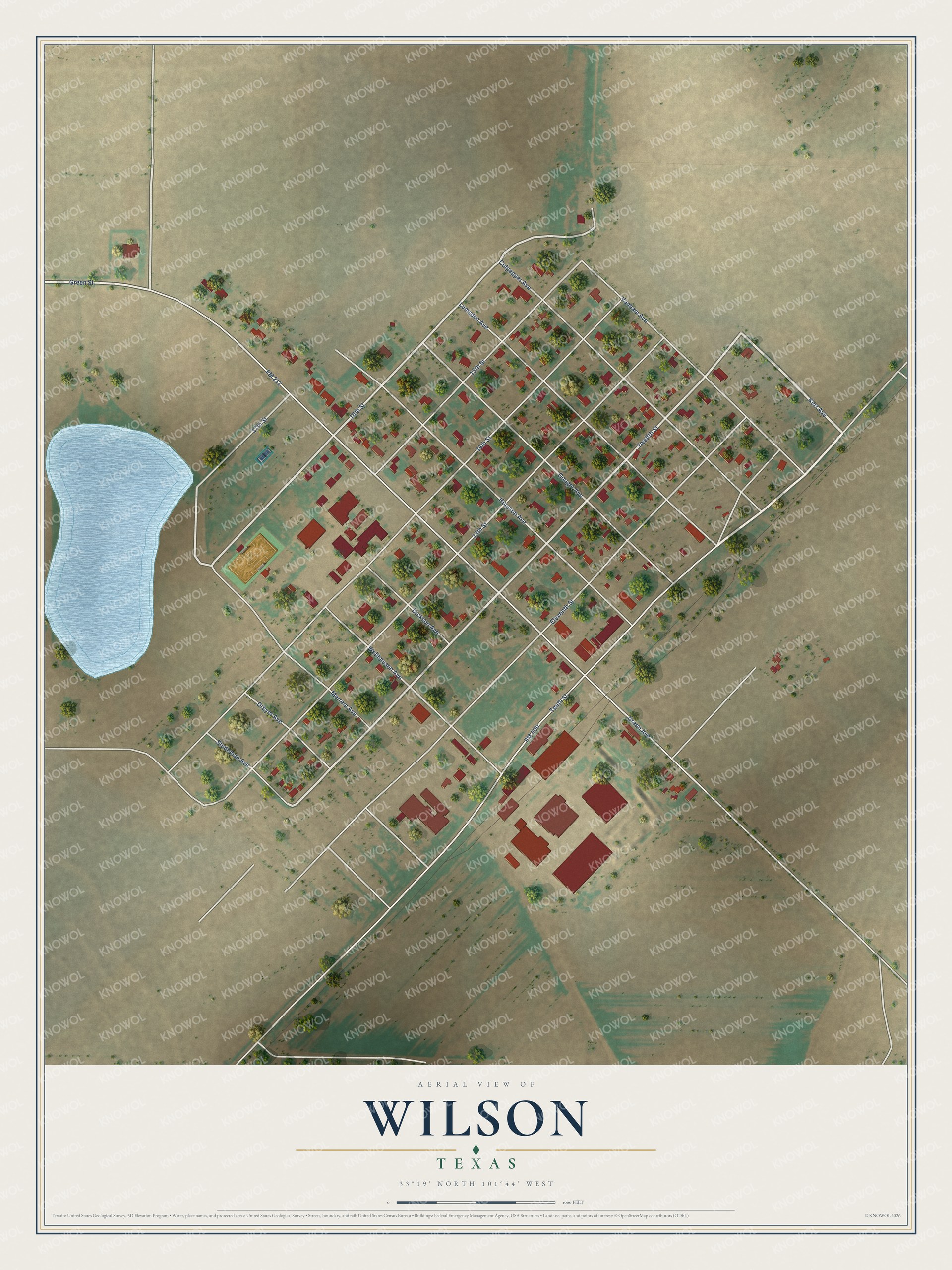 Full map of Wilson, Texas, with red buildings, printed street names and the land around them