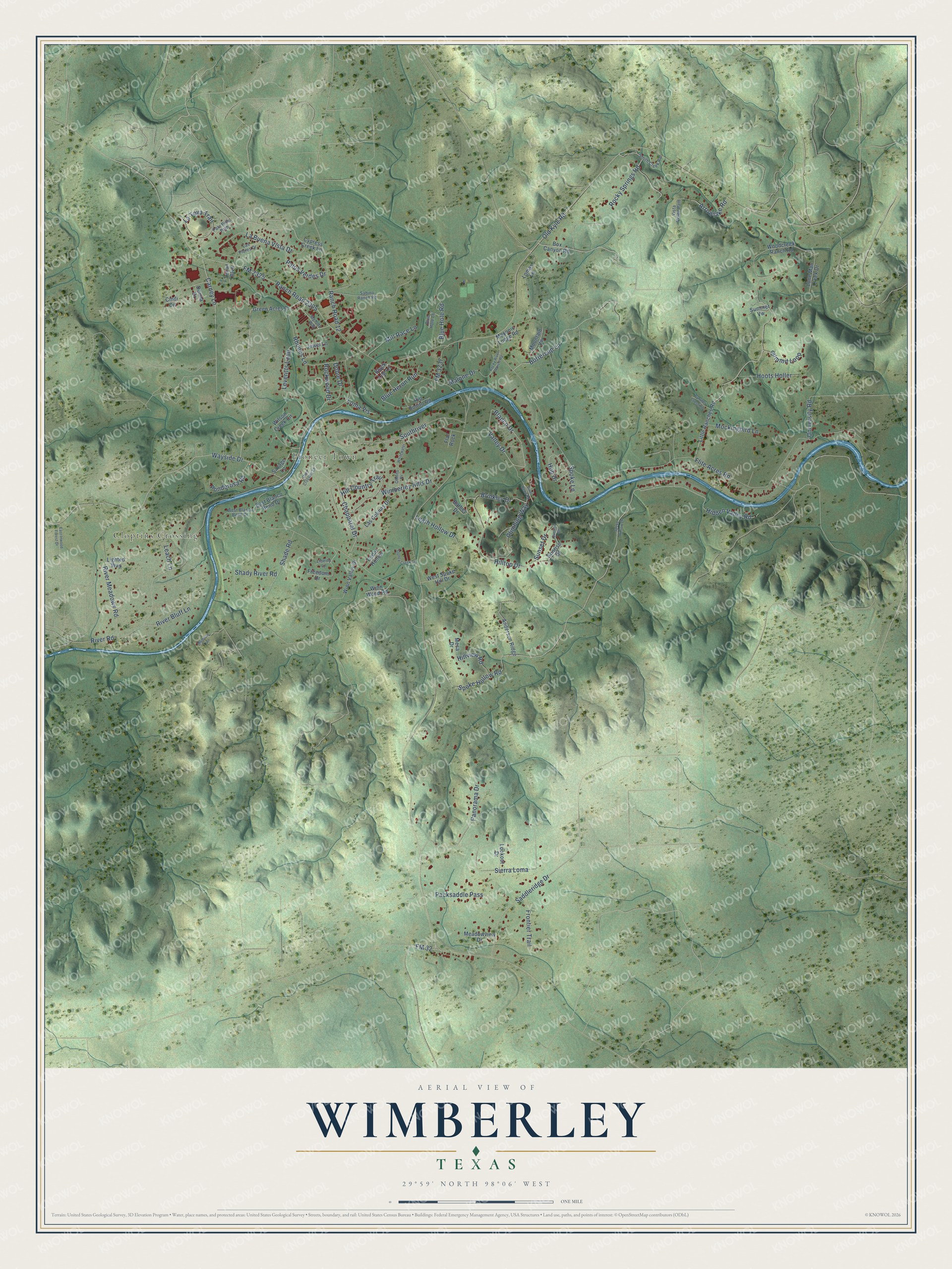 Full map of Wimberley, Texas, with red buildings, printed street names and the land around them