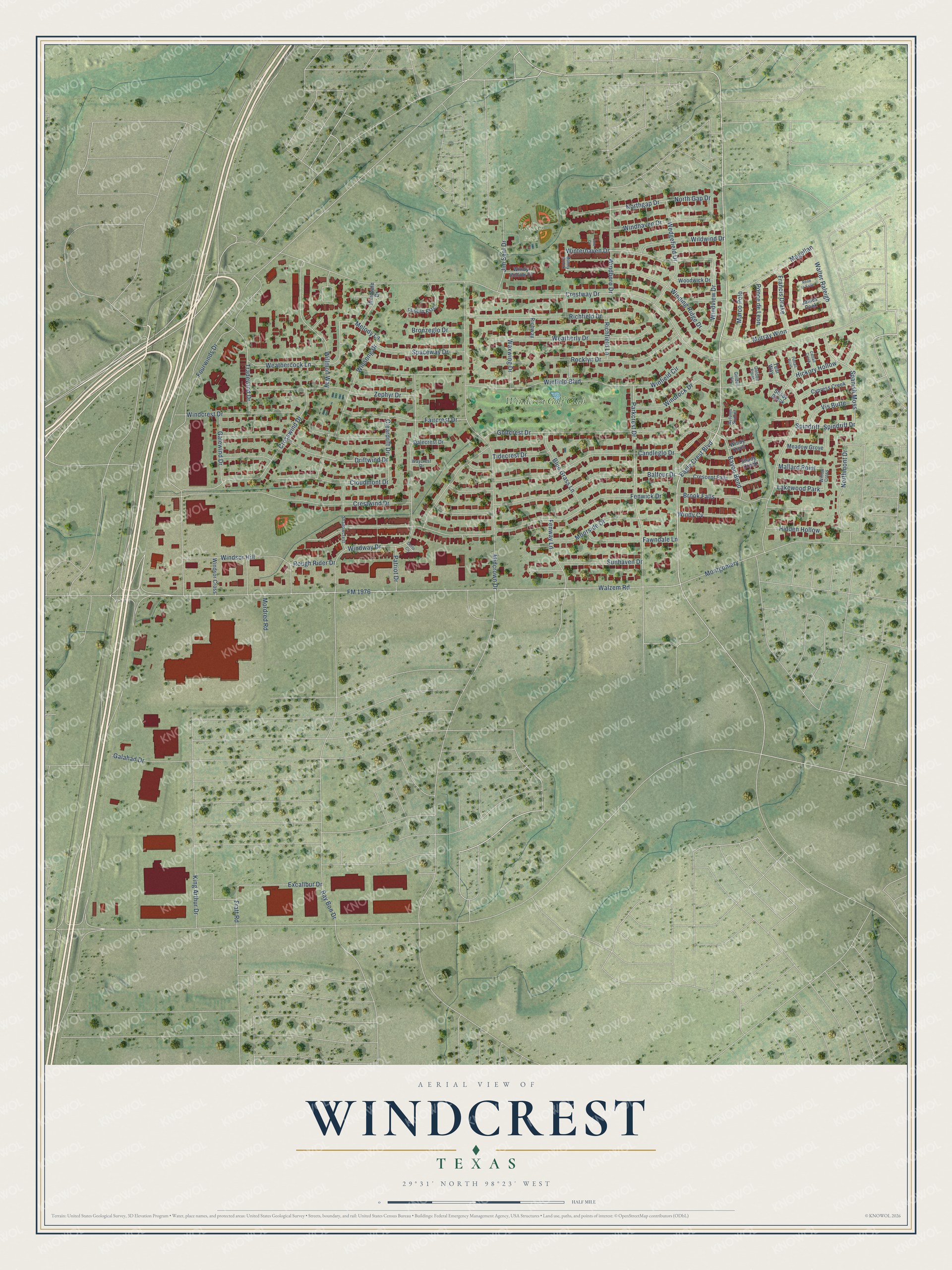 Watermarked full-map preview of Windcrest, Texas