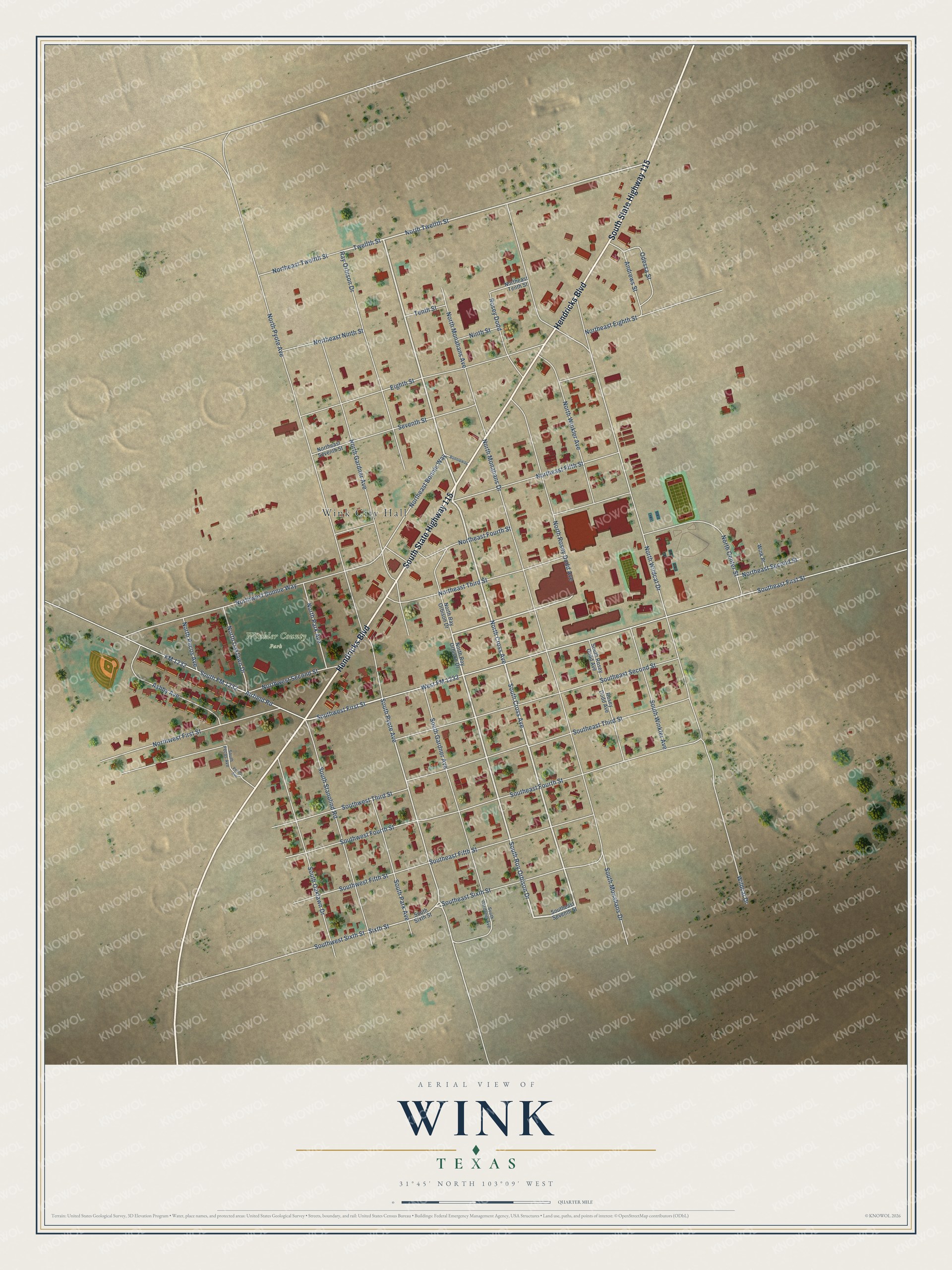 Full map of Wink, Texas, with red buildings, printed street names and the land around them