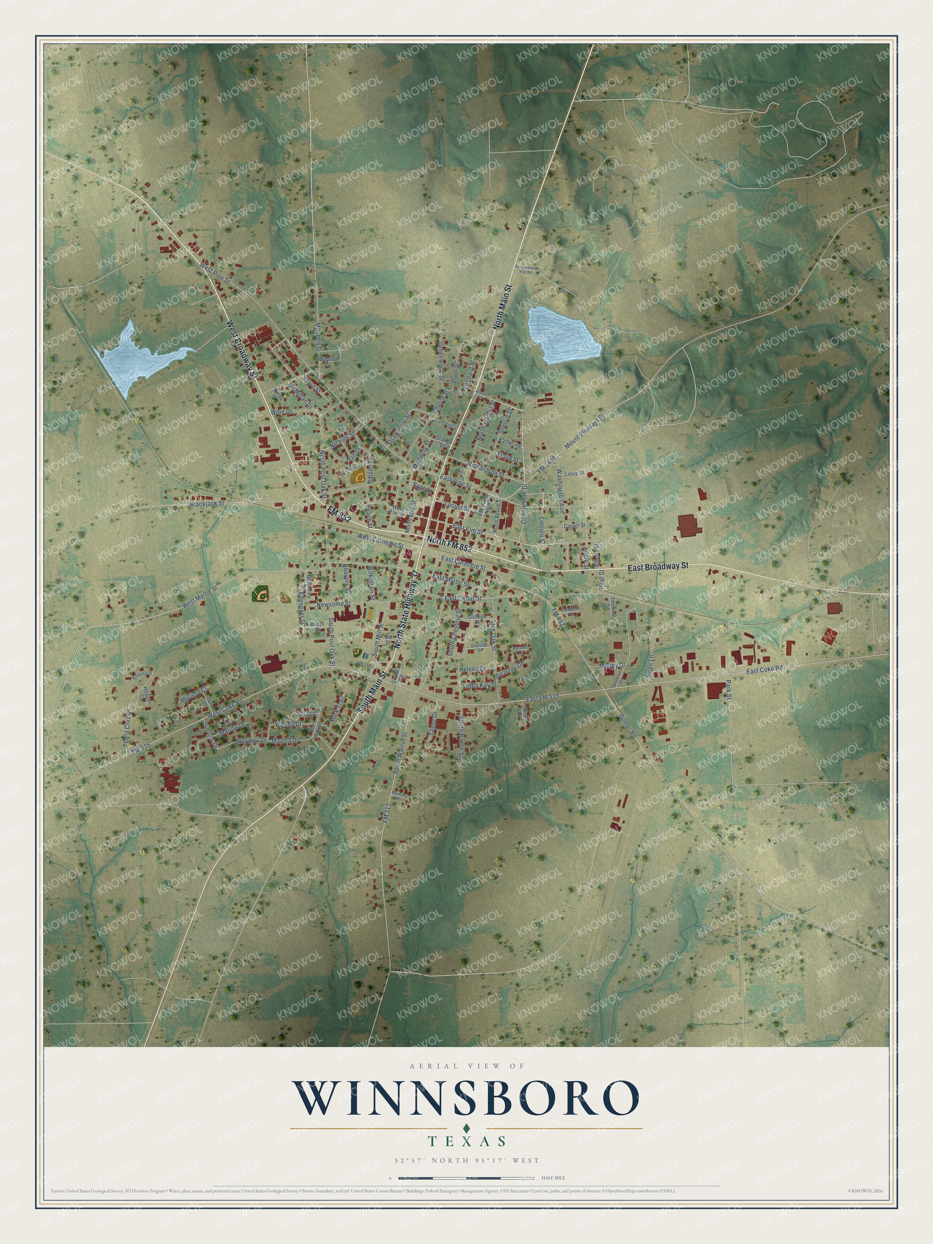 Full map of Winnsboro, Texas, with red buildings, printed street names and the land around them
