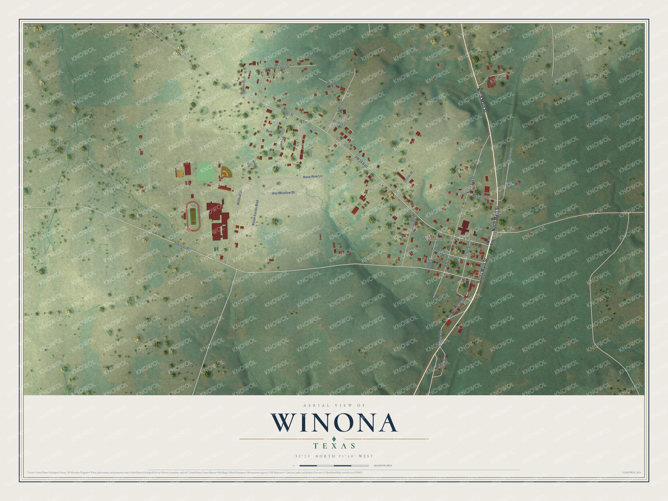 Full map of Winona, Texas, with red buildings, printed street names and the land around them