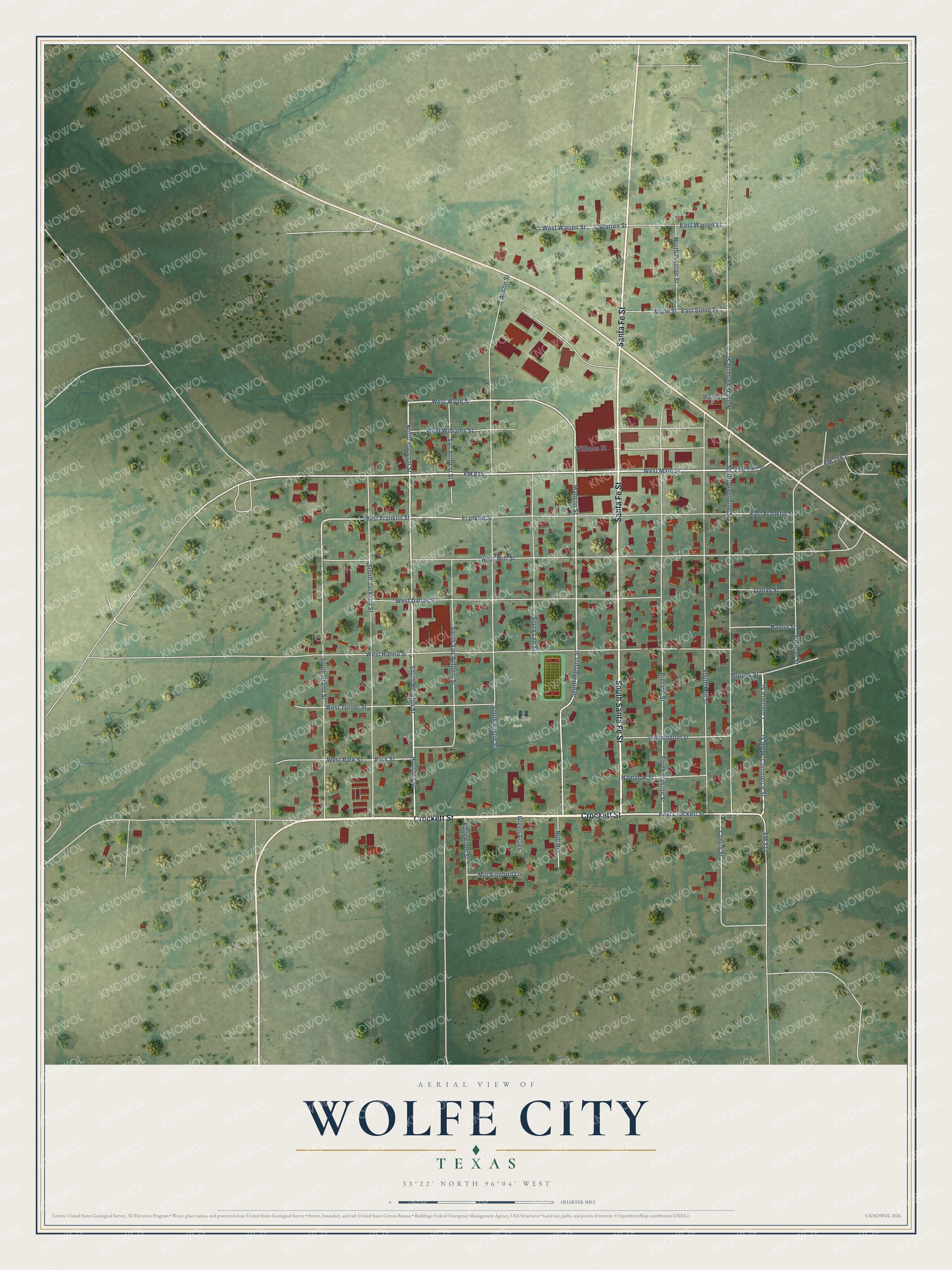 Full map of Wolfe City, Texas, with red buildings, printed street names and the land around them