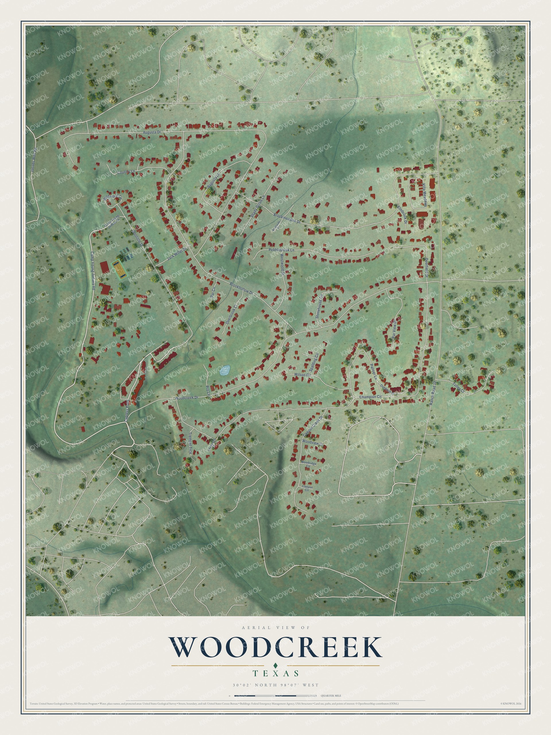 Watermarked full-map preview of Woodcreek, Texas