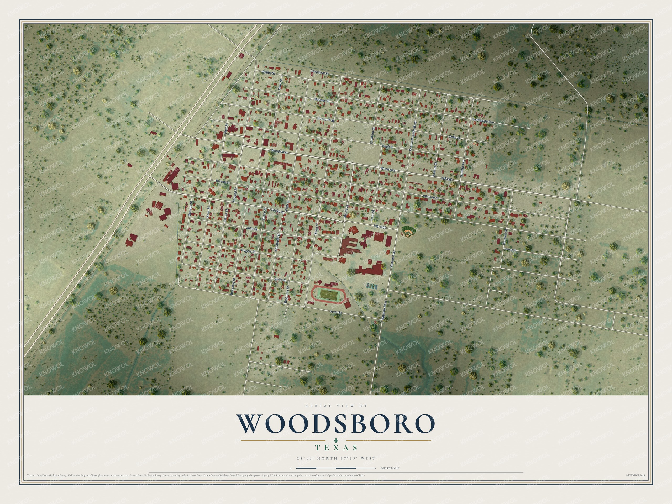 Full map of Woodsboro, Texas, with red buildings, printed street names and the land around them