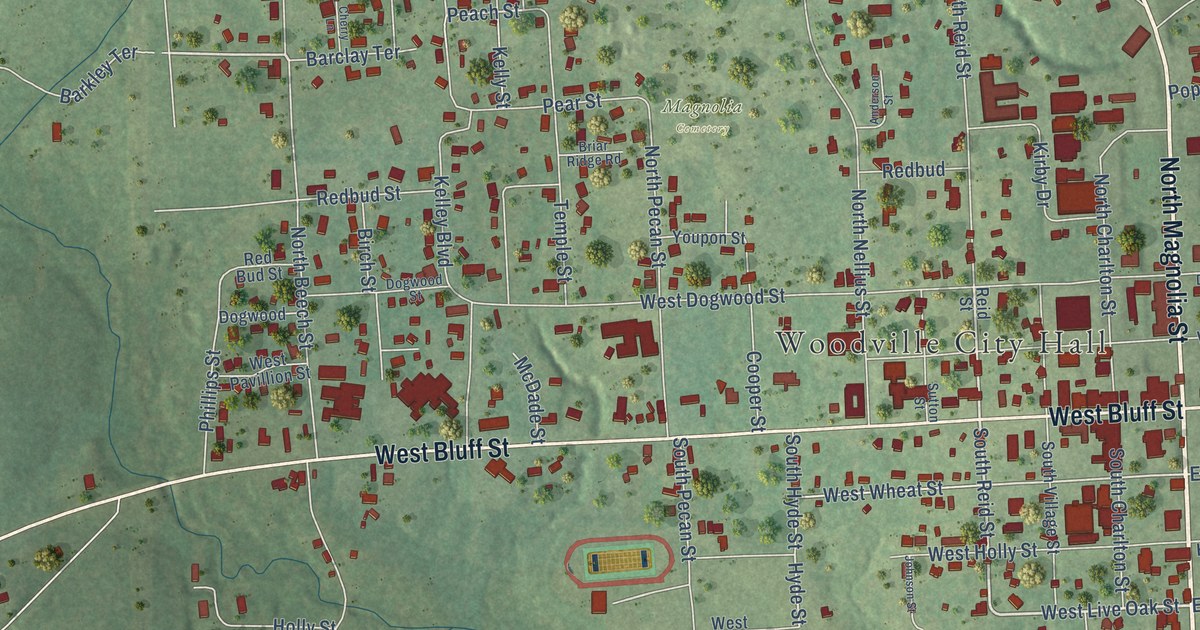 Map of Woodville, Texas in 2026