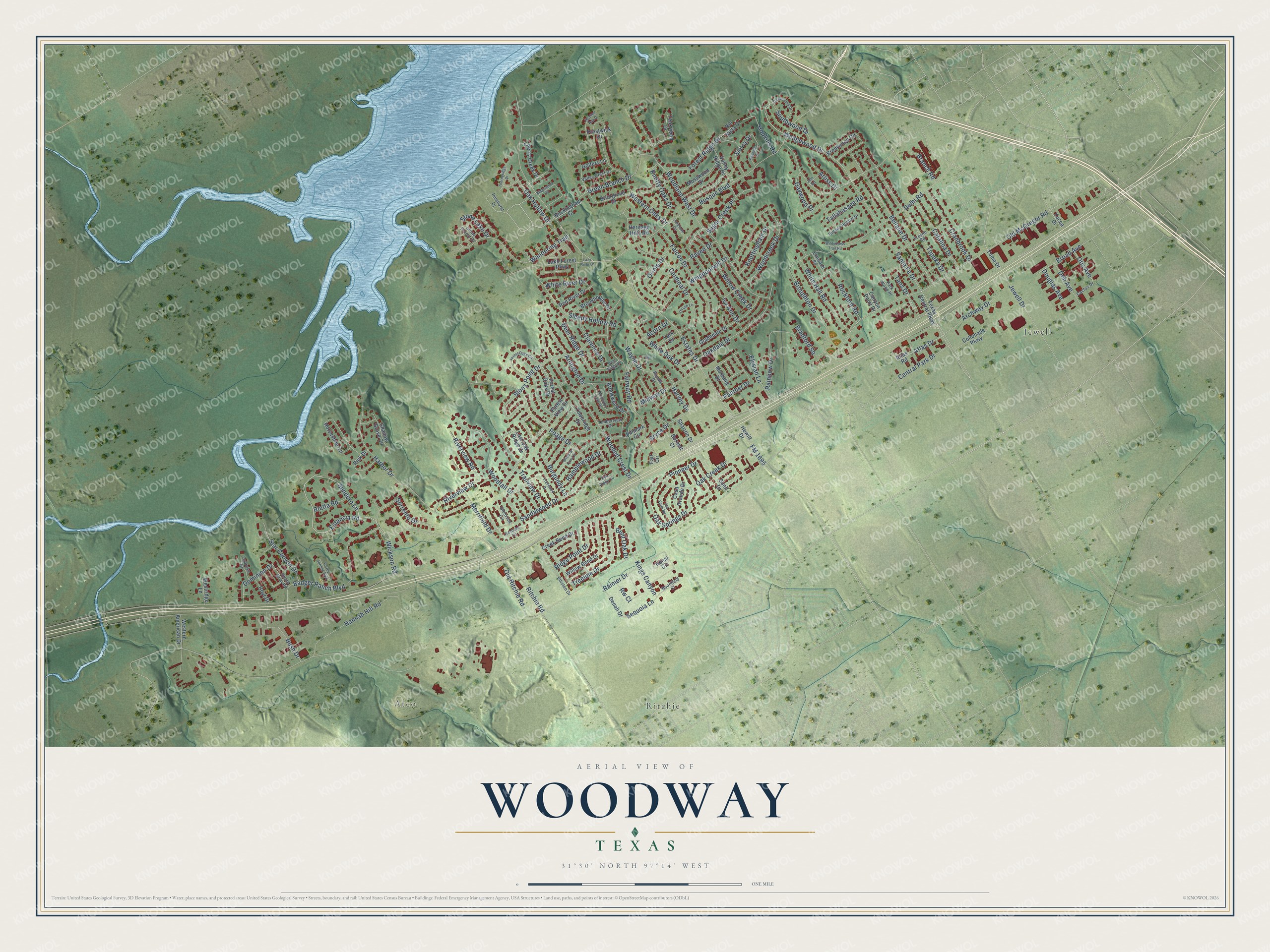 Full map of Woodway, Texas, with red buildings, printed street names and the land around them
