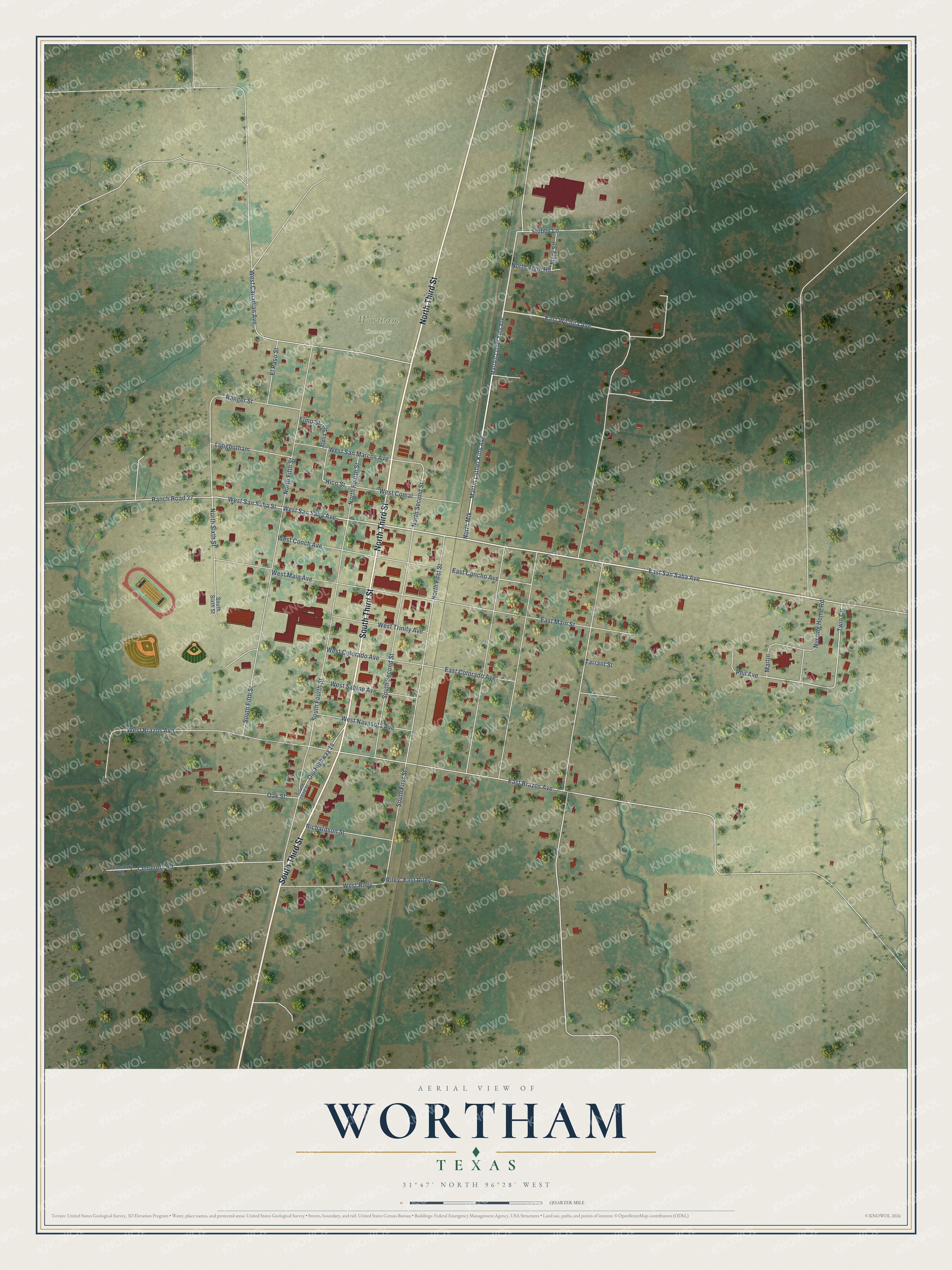 Full map of Wortham, Texas, with red buildings, printed street names and the land around them