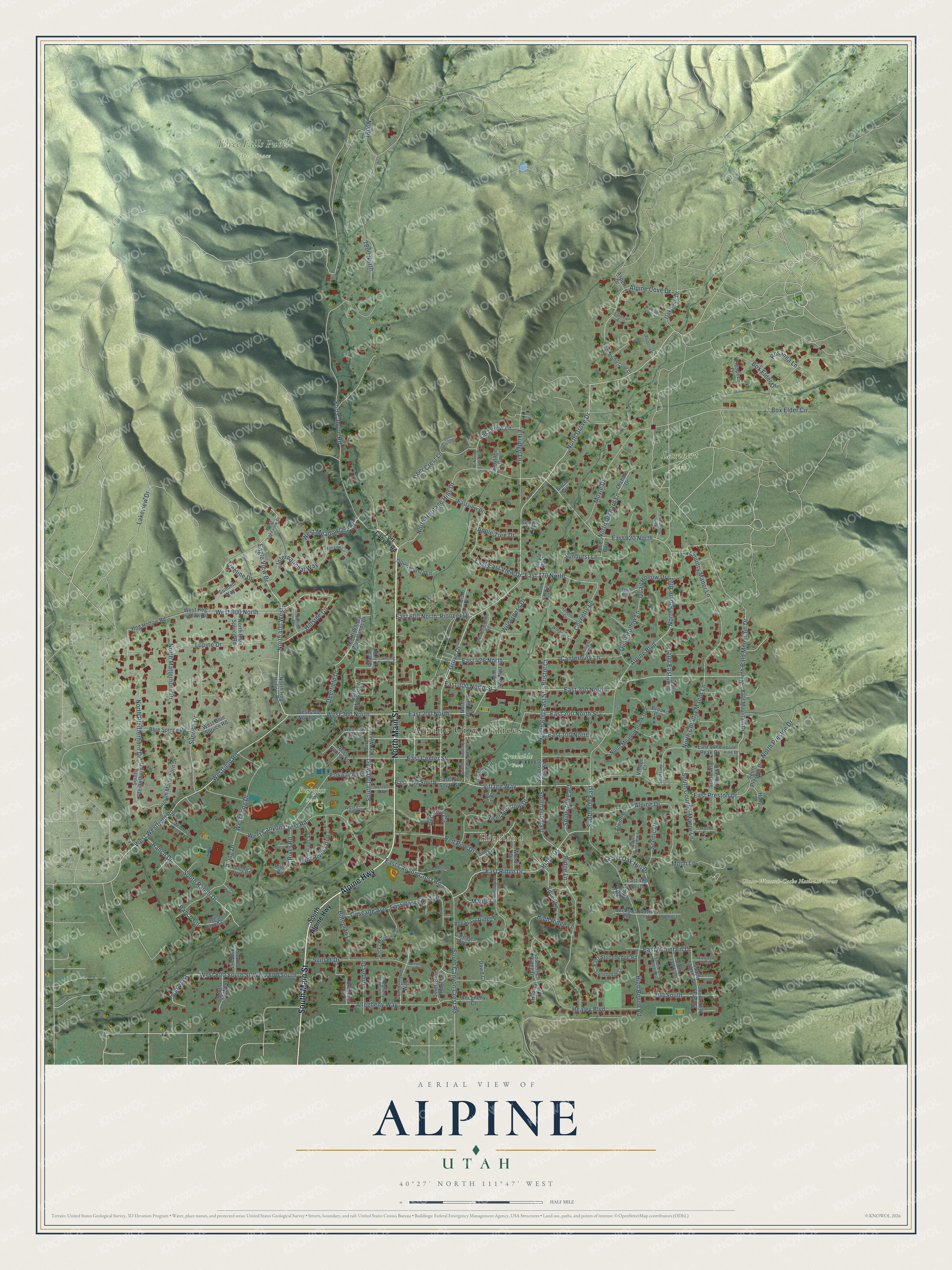 Full map of Alpine, Utah, with red buildings, printed street names and the land around them