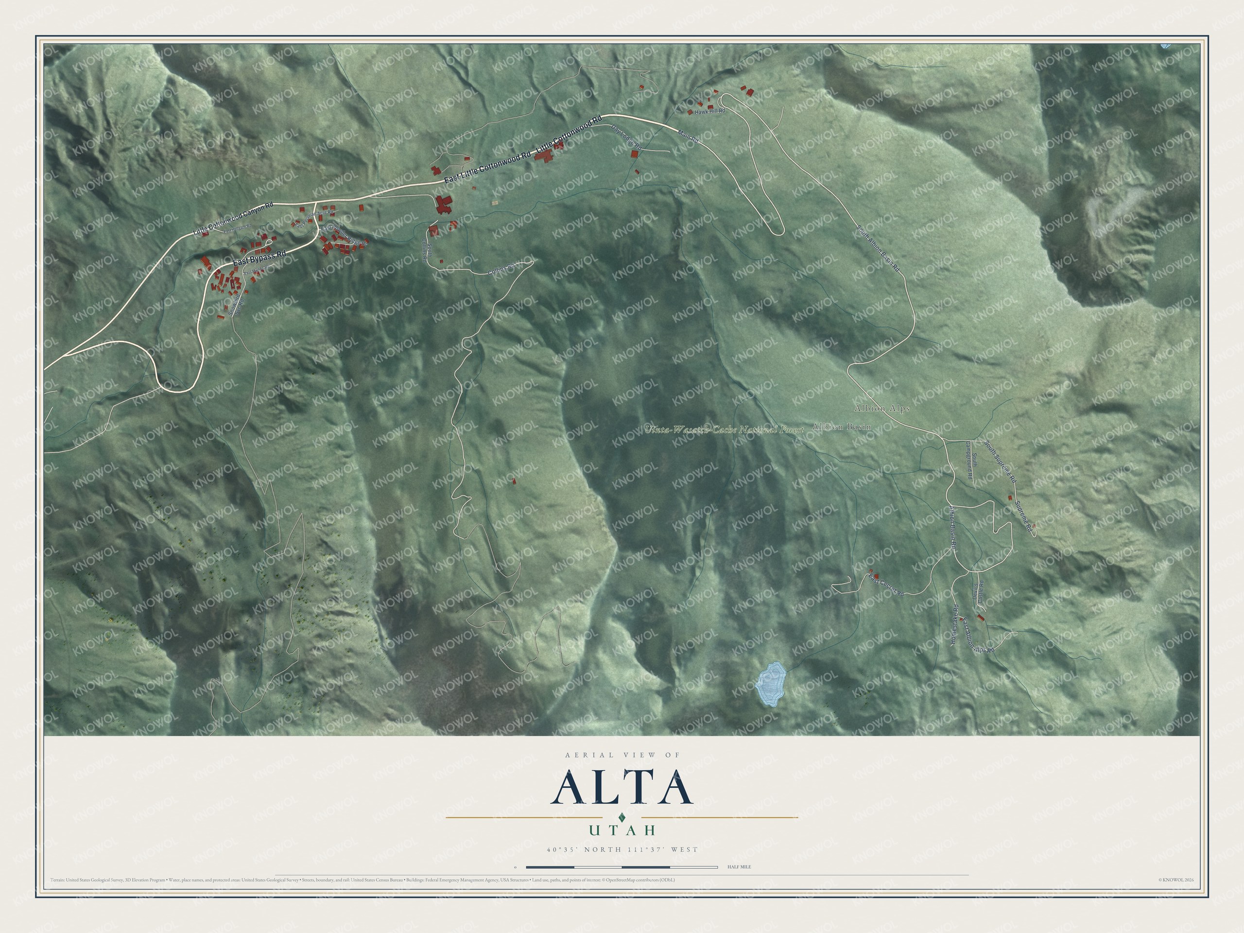 Full map of Alta, Utah, with red buildings, printed street names and the land around them