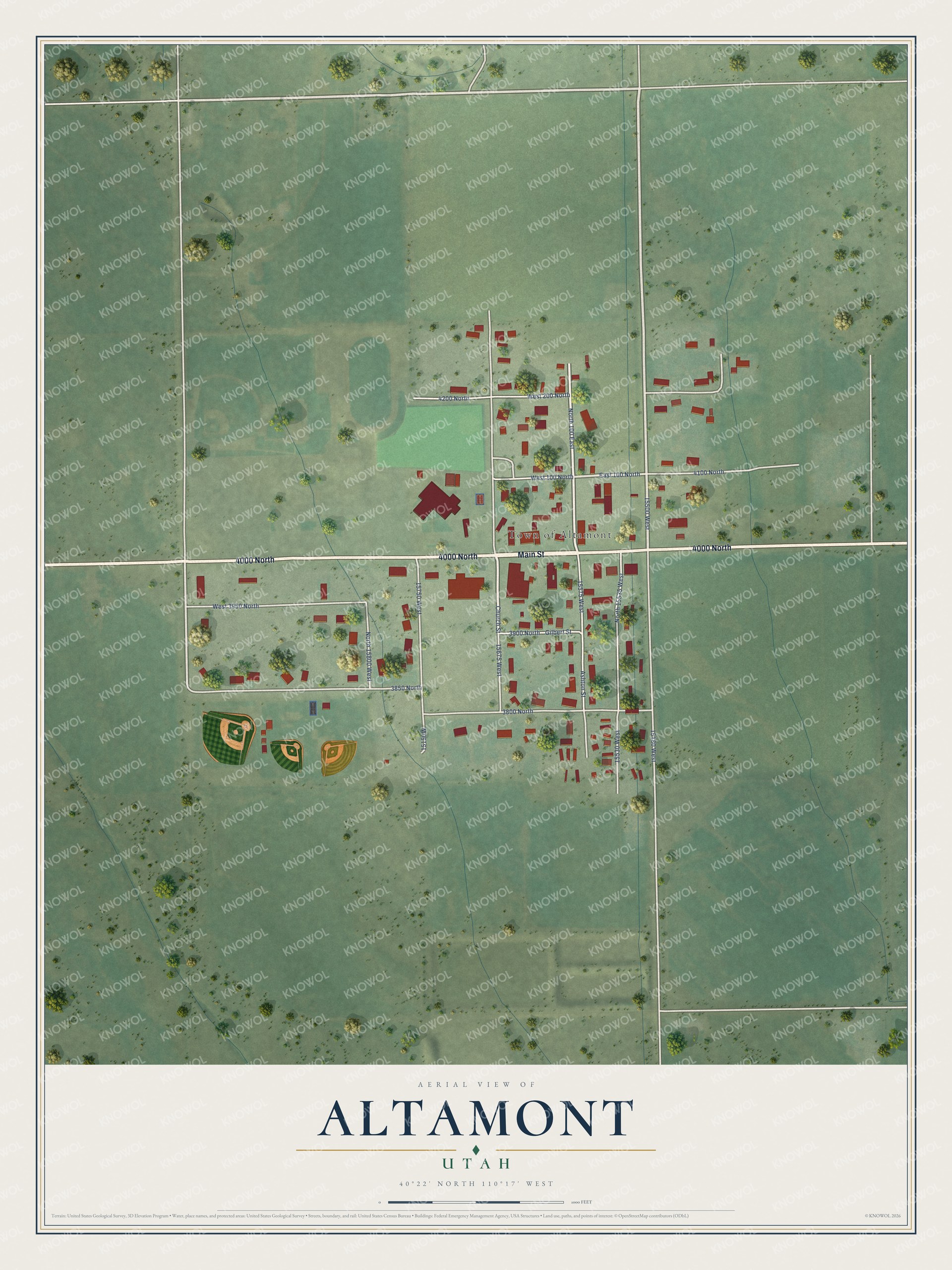 Full map of Altamont, Utah, with red buildings, printed street names and the land around them