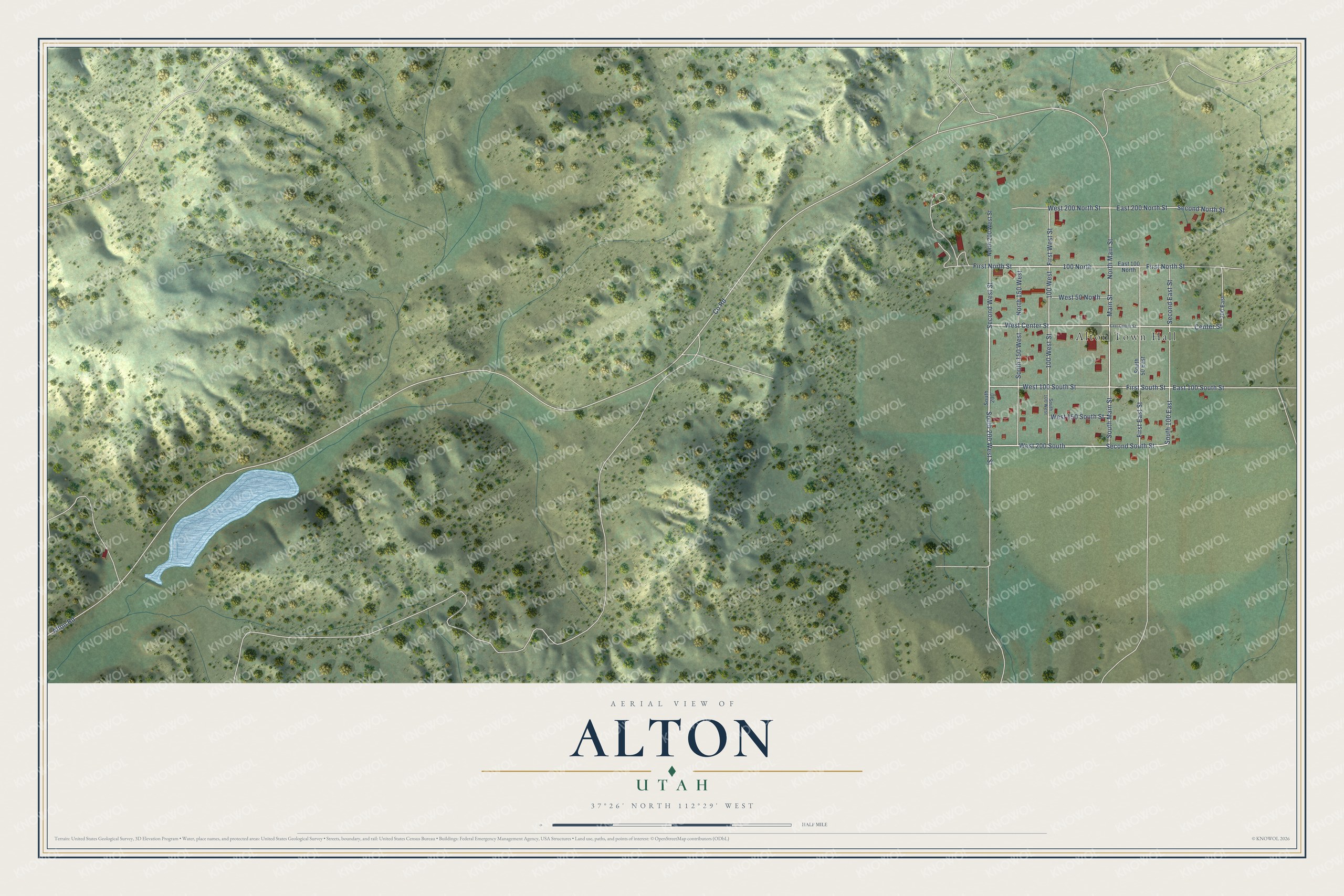 Full map of Alton, Utah, with red buildings, printed street names and the land around them