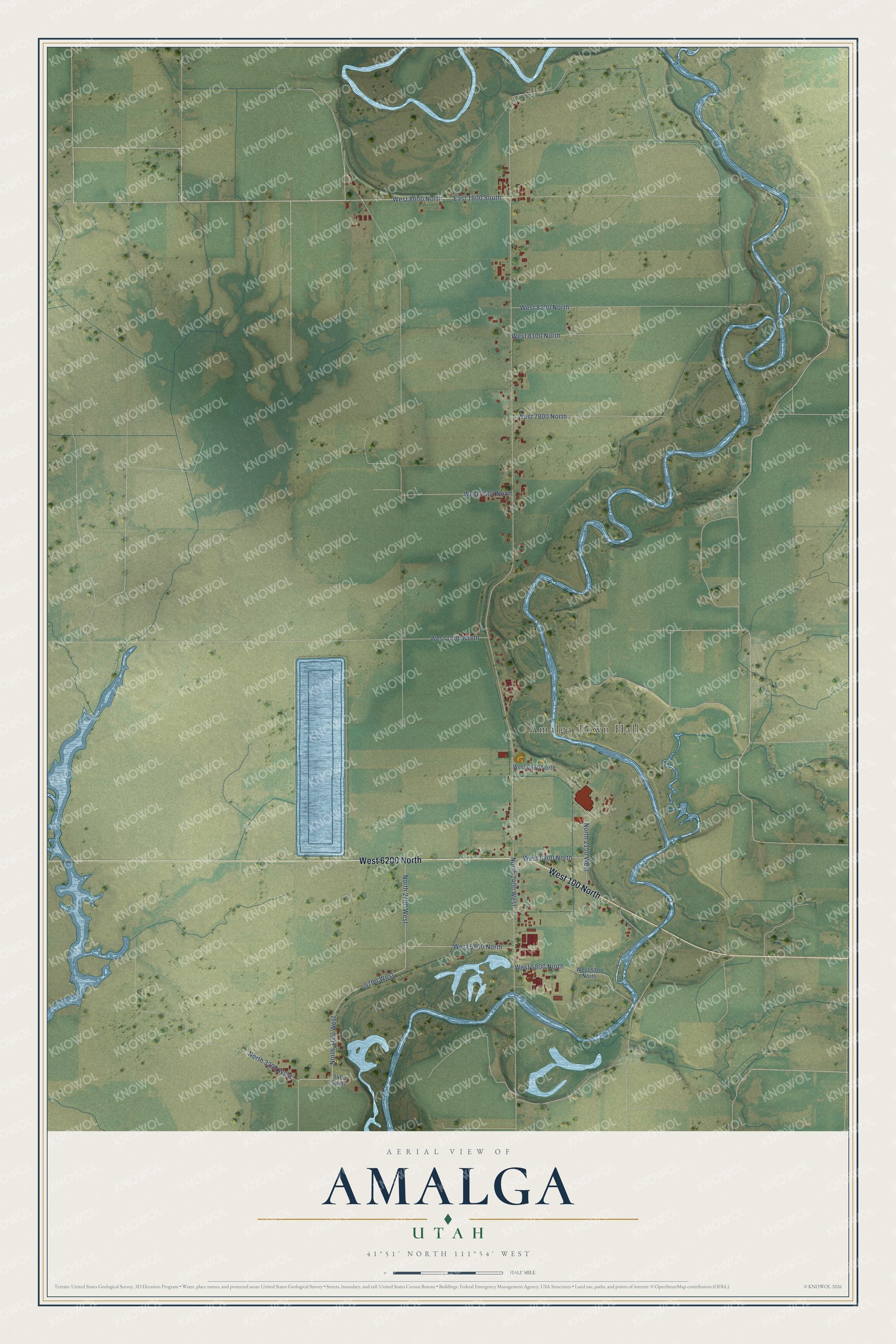 Full map of Amalga, Utah, with red buildings, printed street names and the land around them