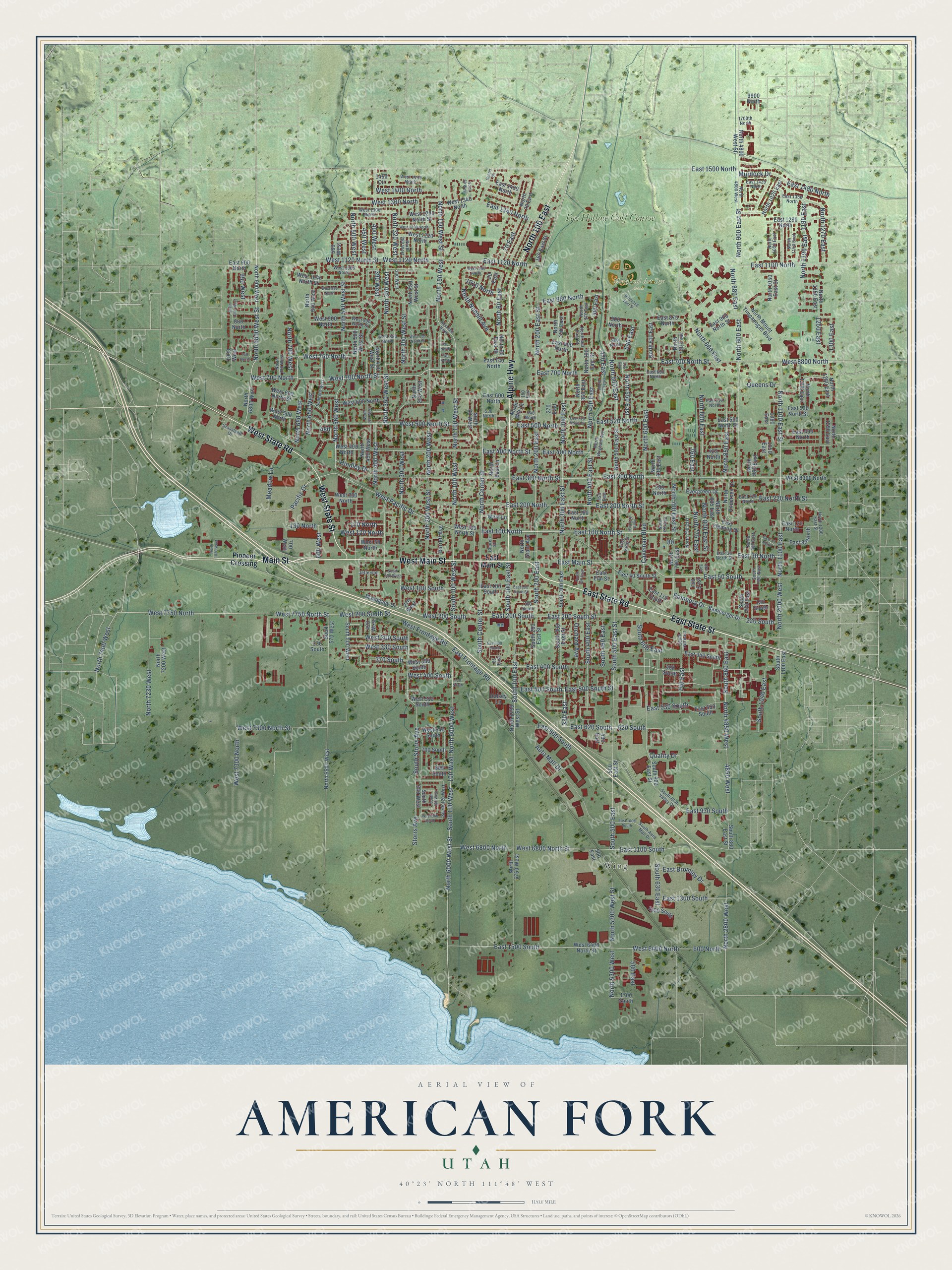 Full map of American Fork, Utah, with red buildings, printed street names and the land around them