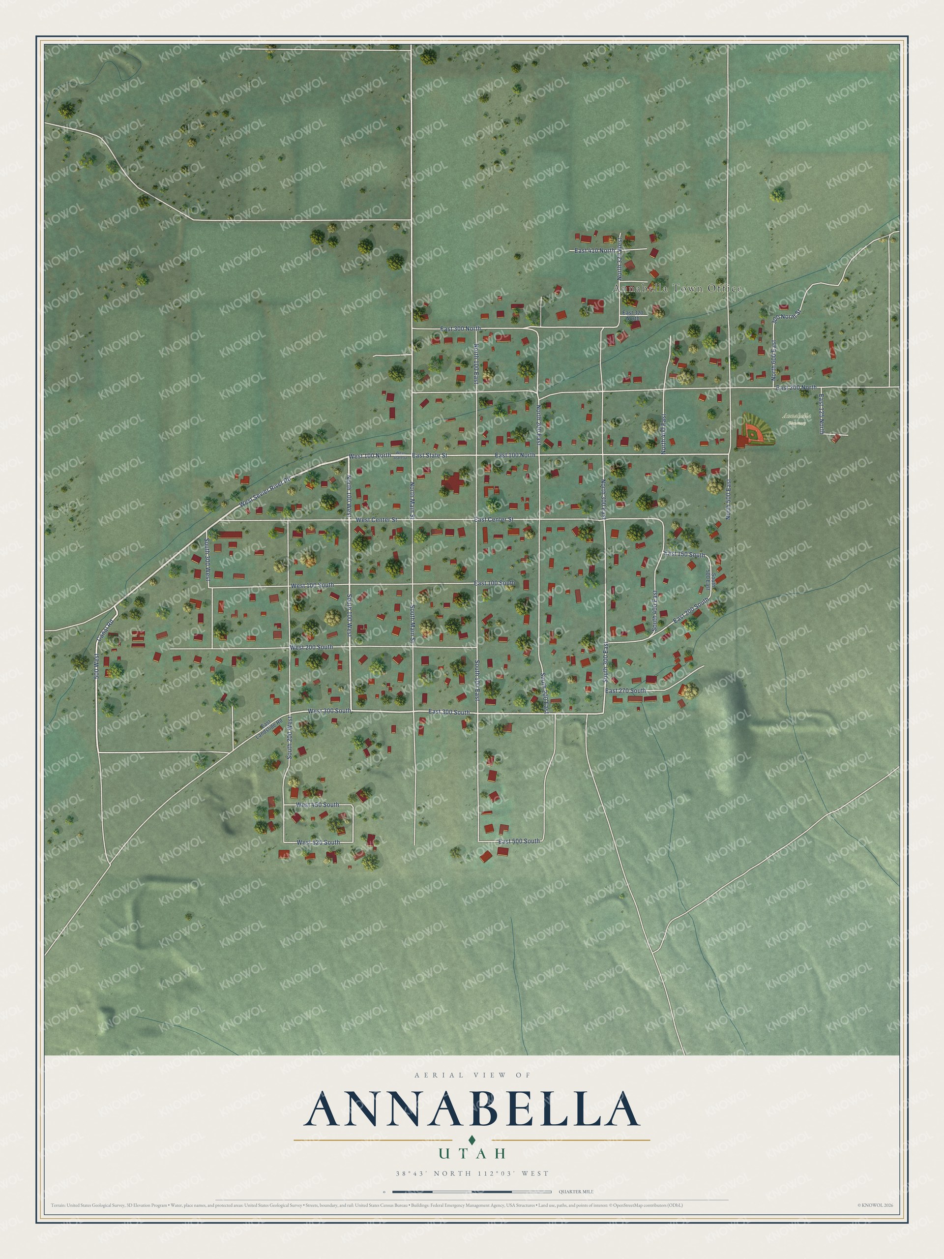 Full map of Annabella, Utah, with red buildings, printed street names and the land around them