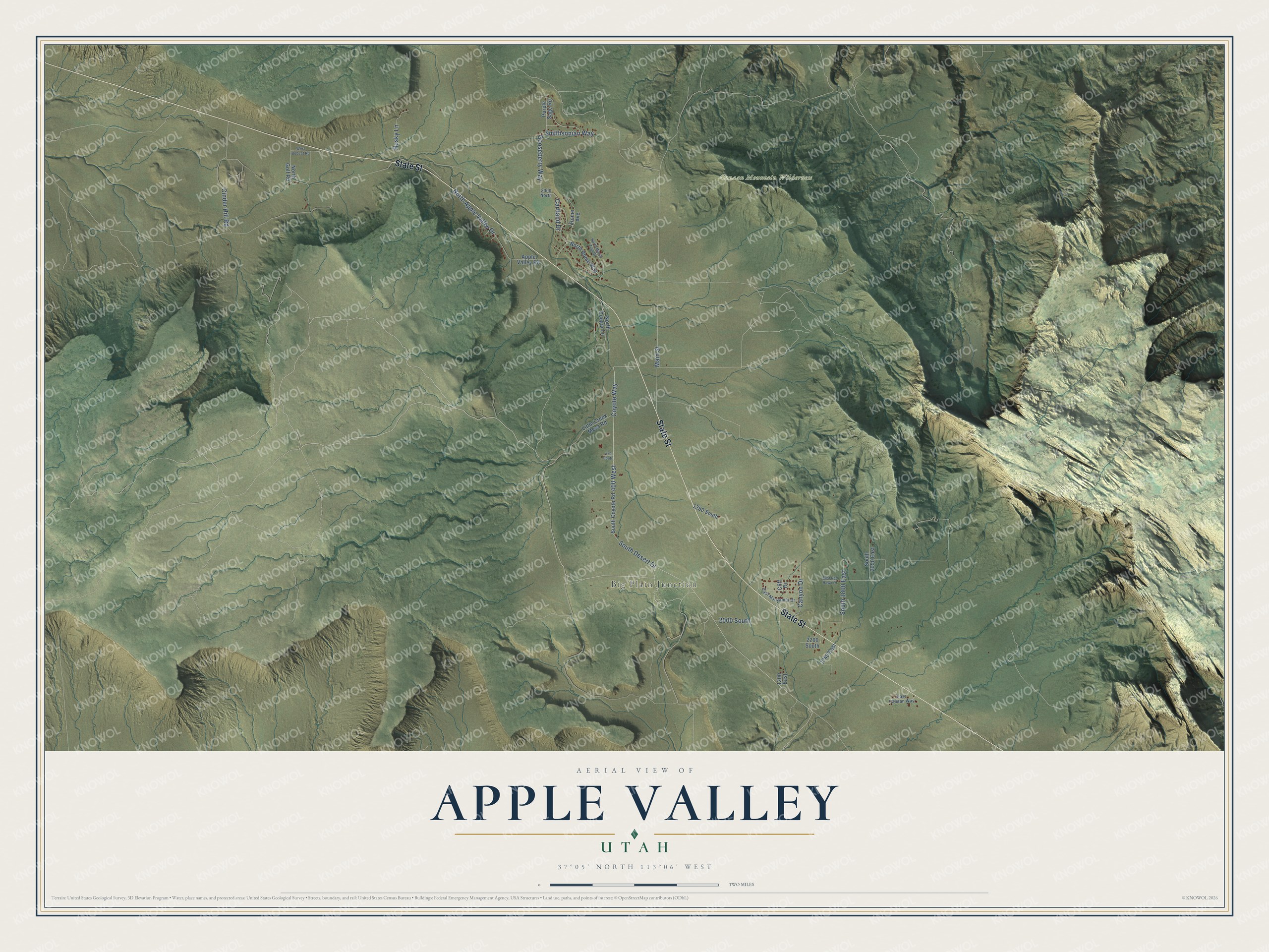 Full map of Apple Valley, Utah, with red buildings, printed street names and the land around them