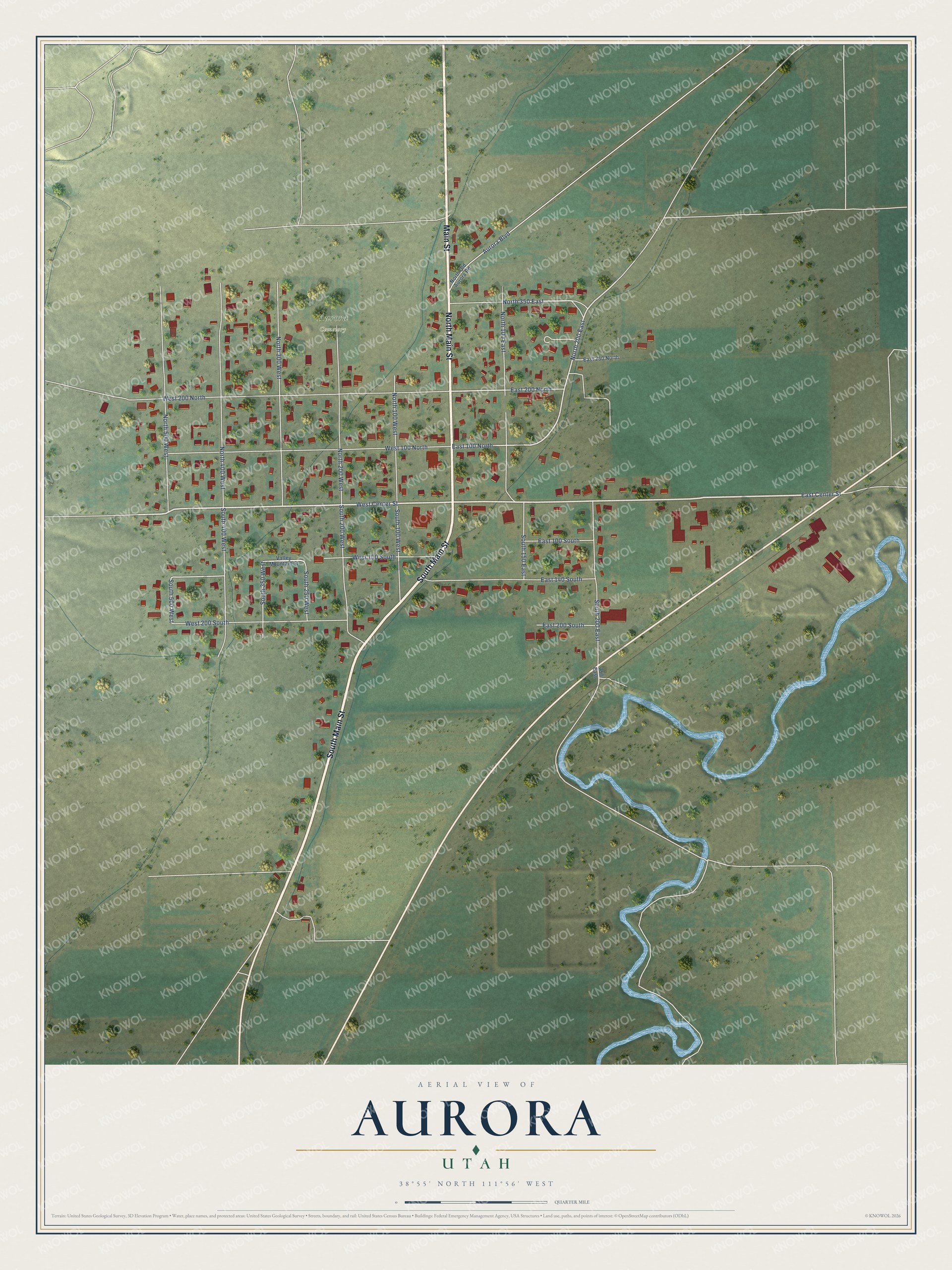 Full map of Aurora, Utah, with red buildings, printed street names and the land around them