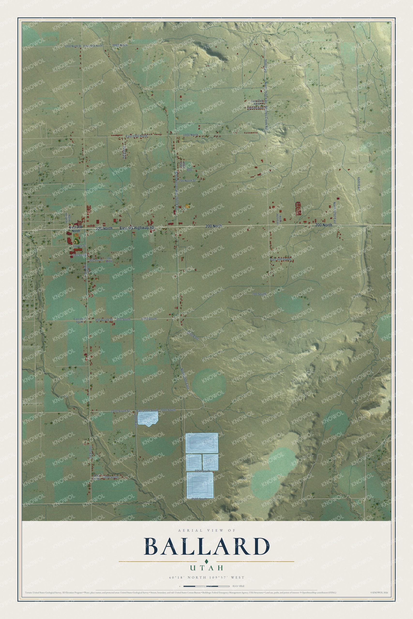 Full map of Ballard, Utah, with red buildings, printed street names and the land around them