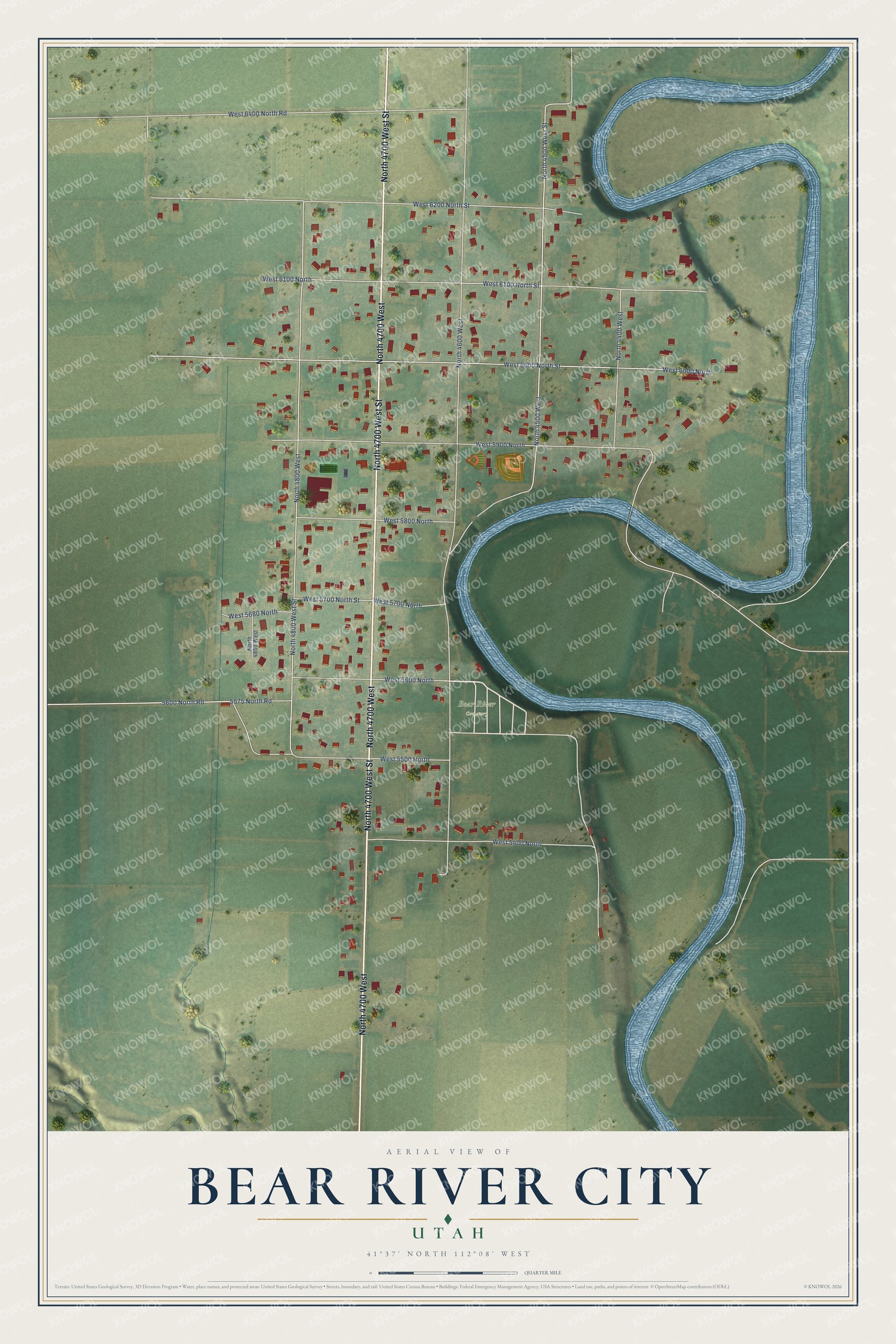 Full map of Bear River City, Utah, with red buildings, printed street names and the land around them