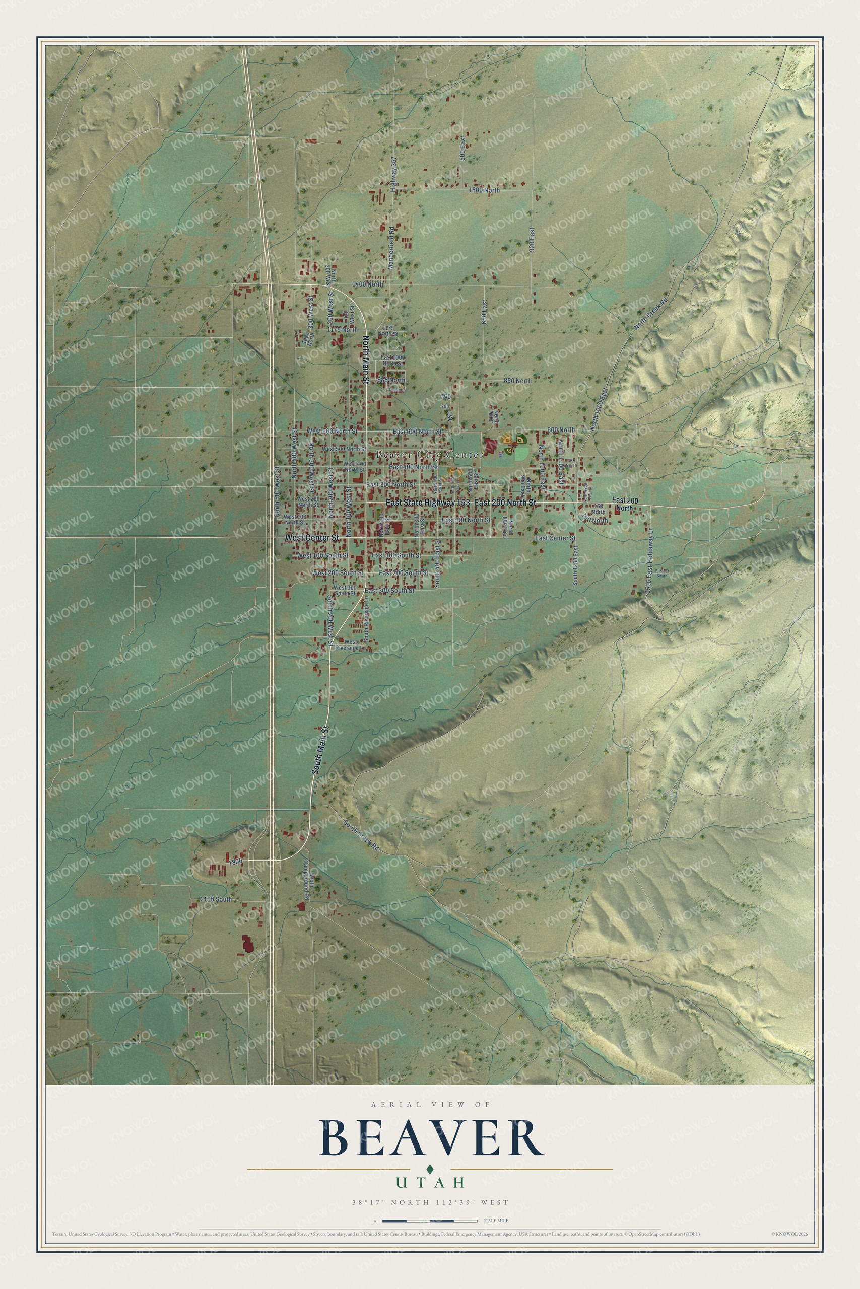 Full map of Beaver, Utah, with red buildings, printed street names and the land around them