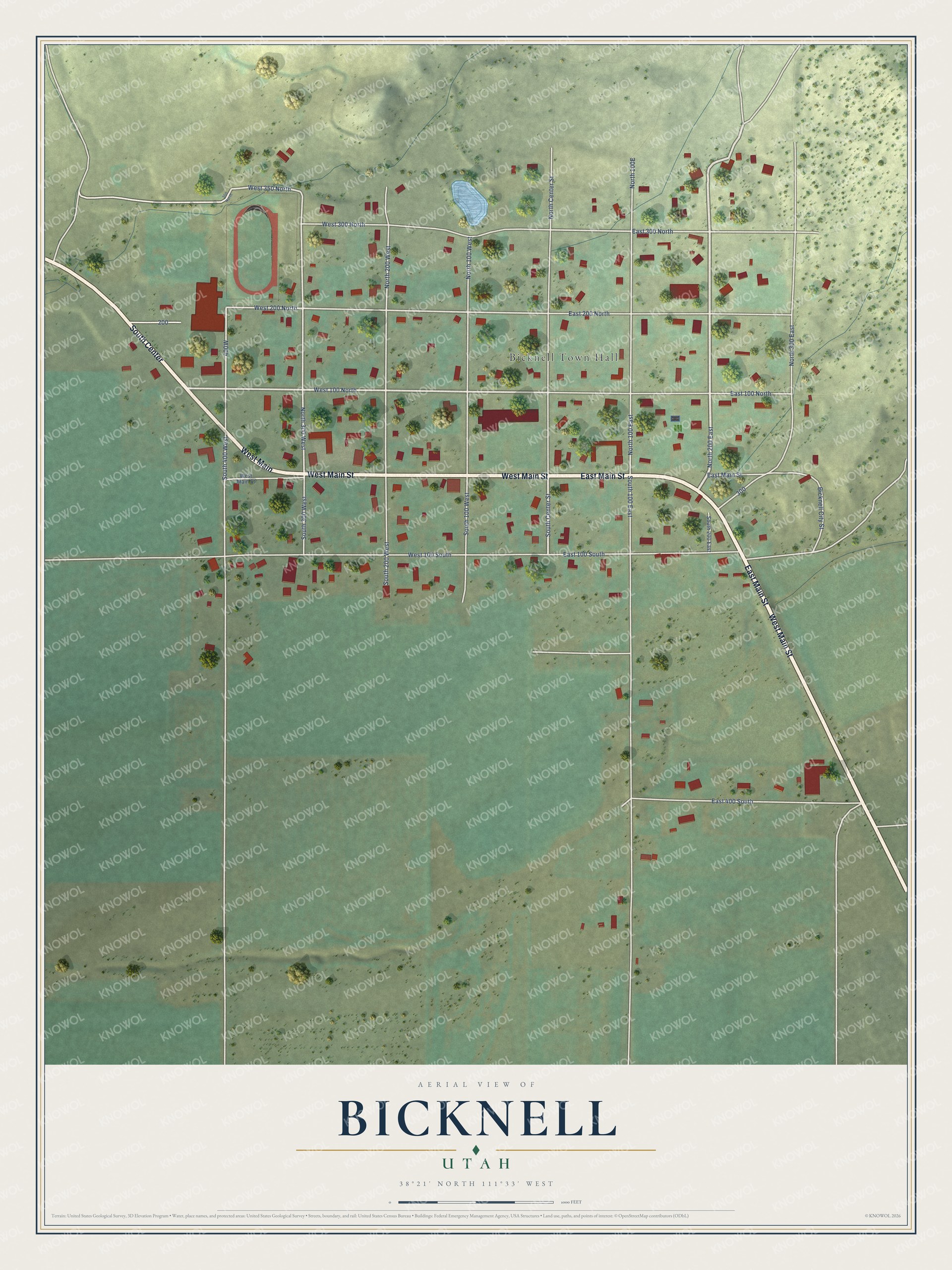 Full map of Bicknell, Utah, with red buildings, printed street names and the land around them