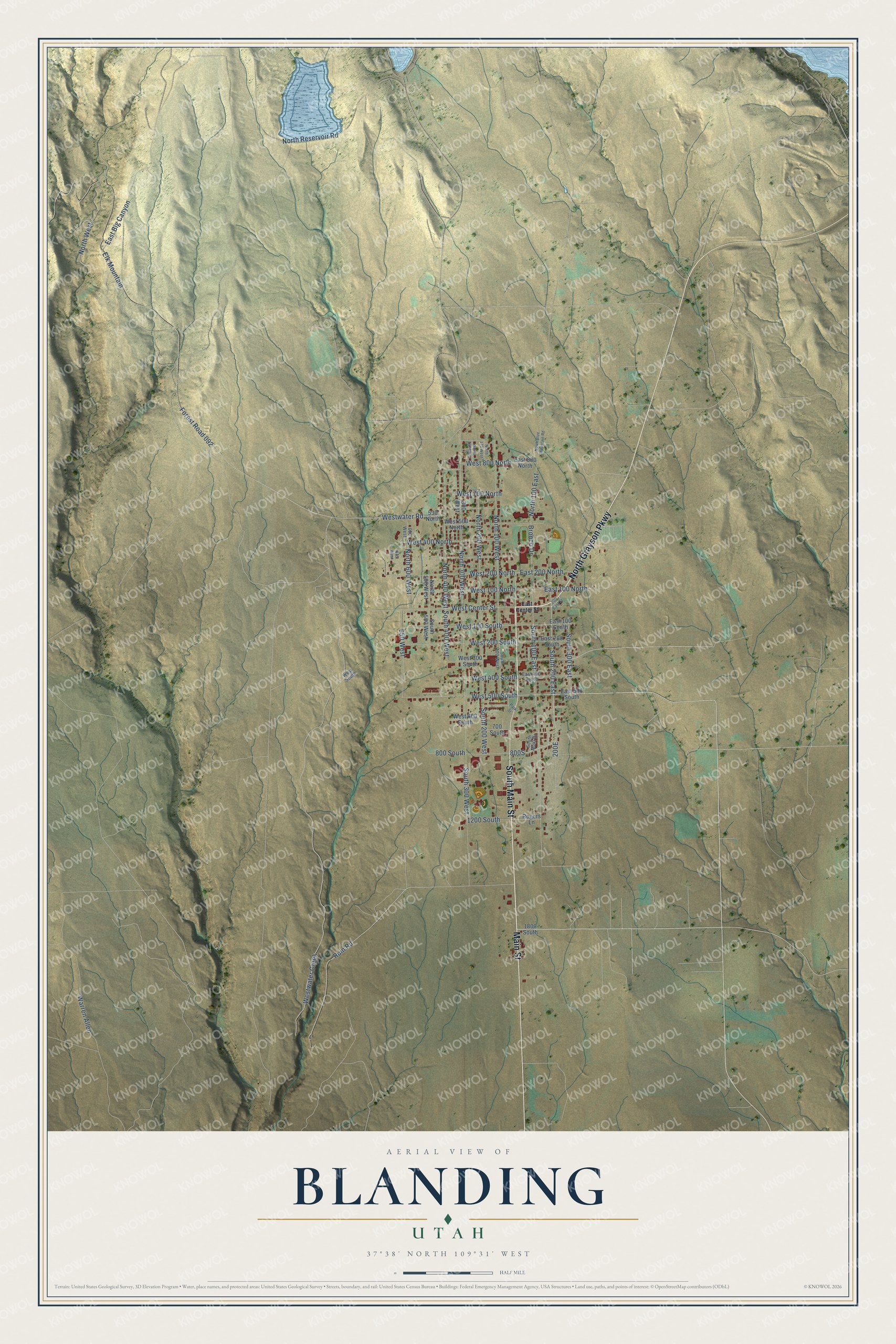 Full map of Blanding, Utah, with red buildings, printed street names and the land around them