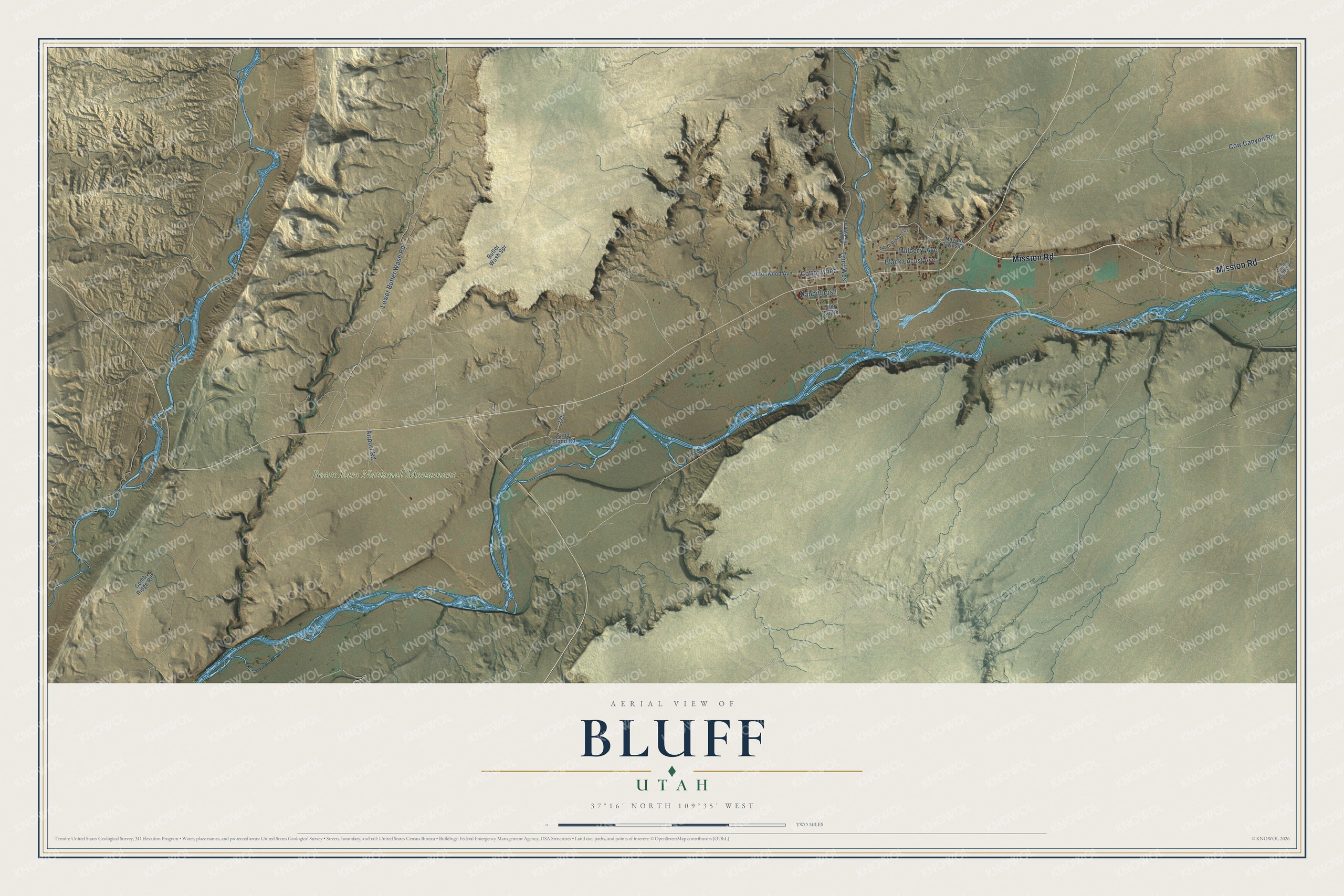 Full map of Bluff, Utah, with red buildings, printed street names and the land around them