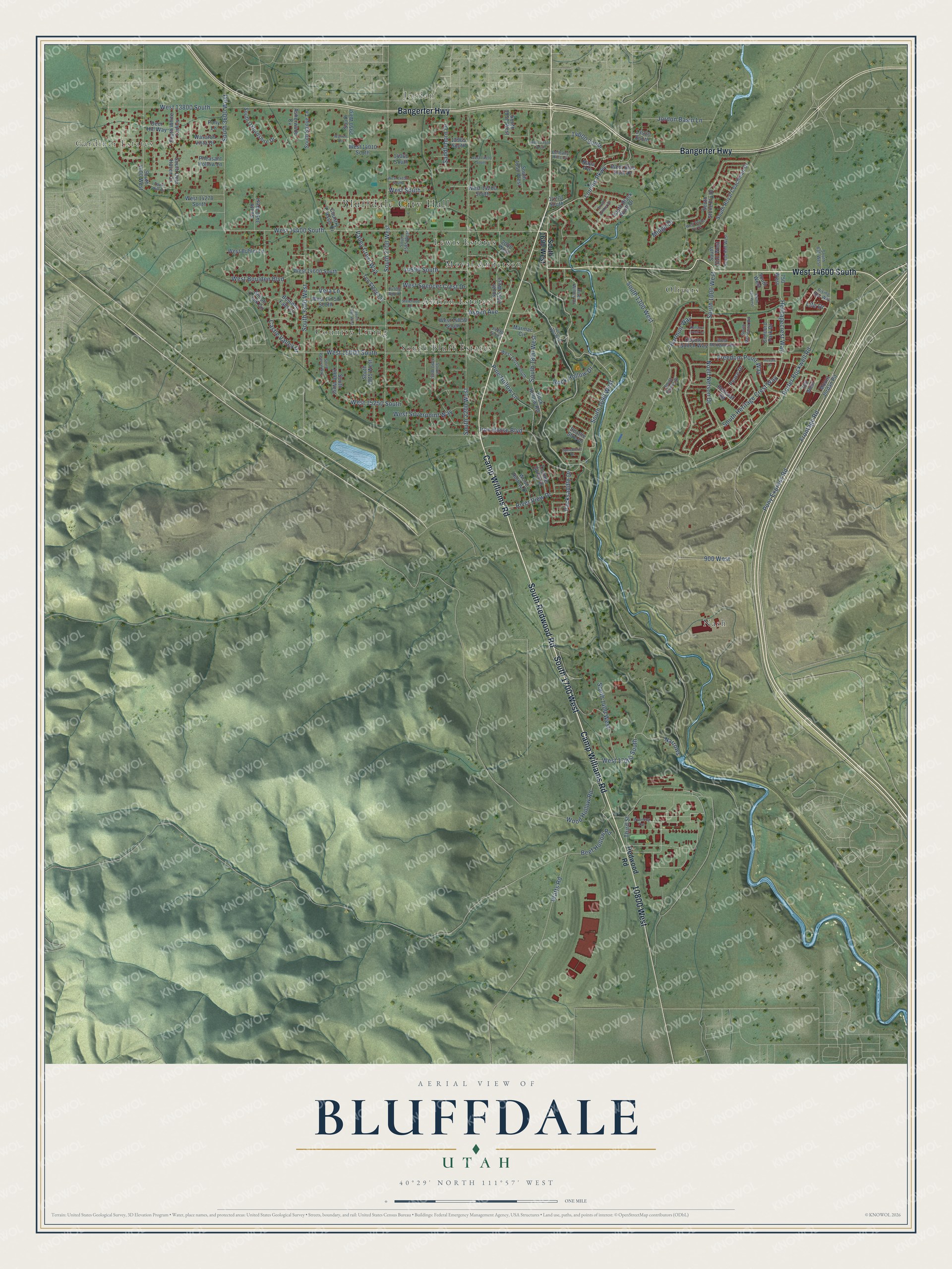 Full map of Bluffdale, Utah, with red buildings, printed street names and the land around them