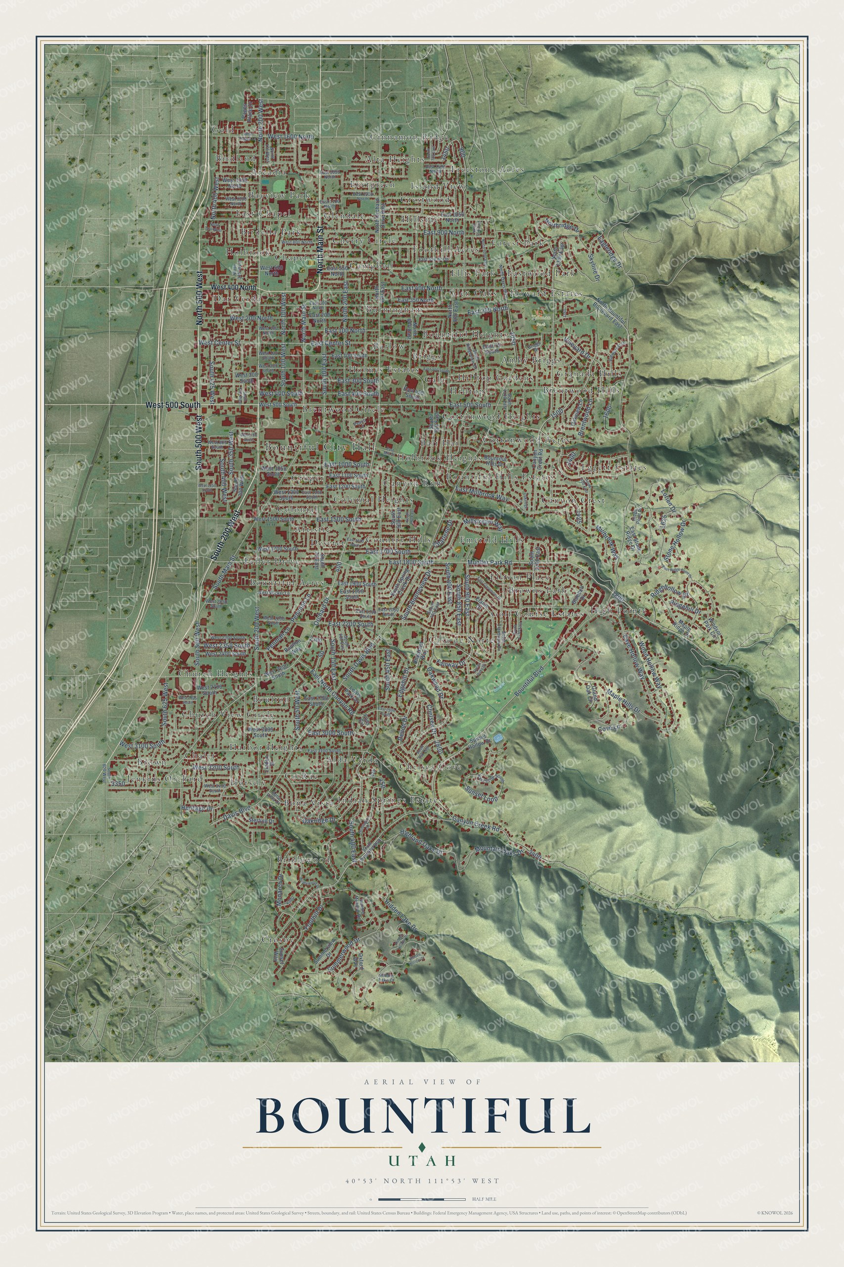 Full map of Bountiful, Utah, with red buildings, printed street names and the land around them