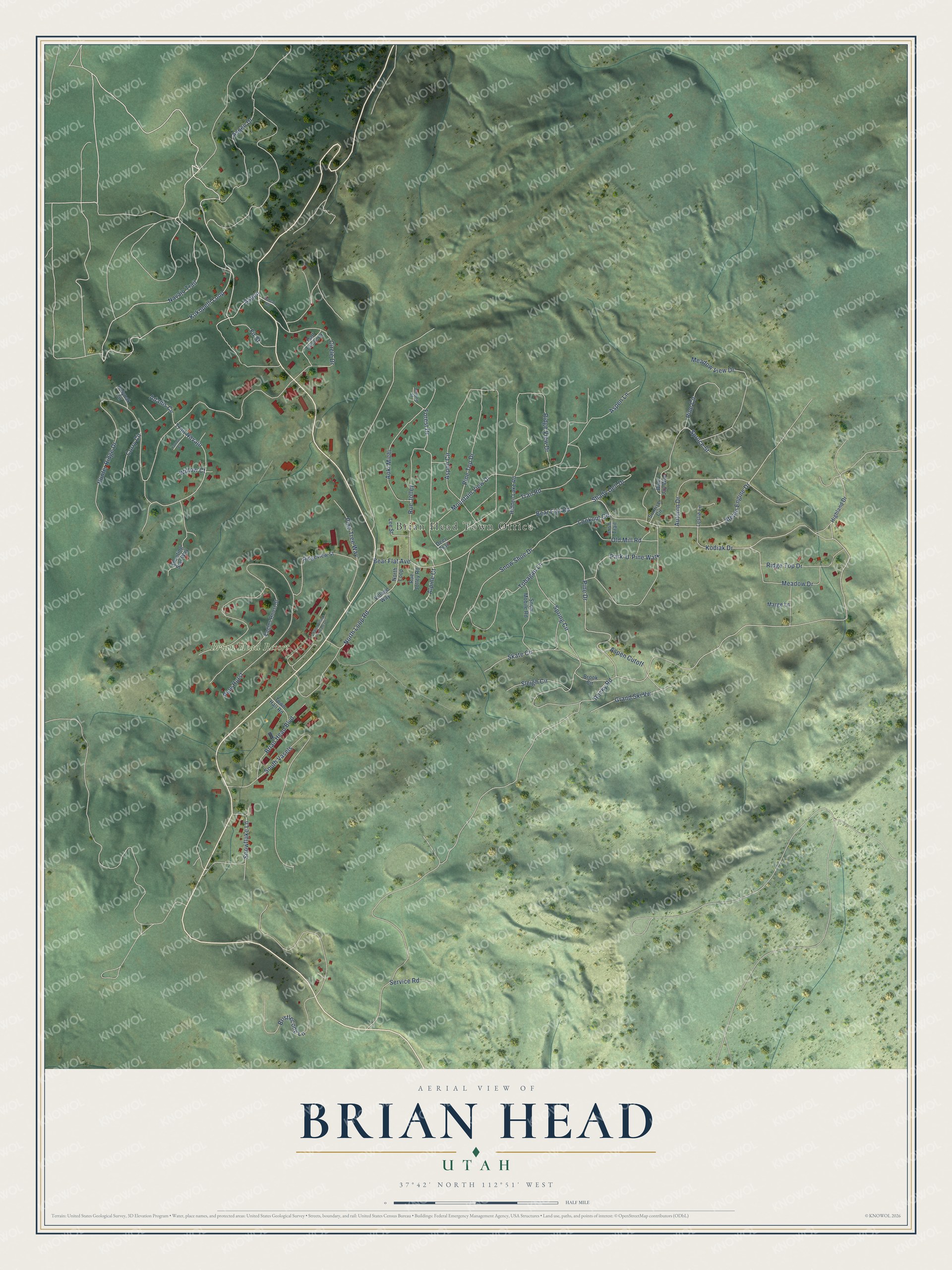 Full map of Brian Head, Utah, with red buildings, printed street names and the land around them
