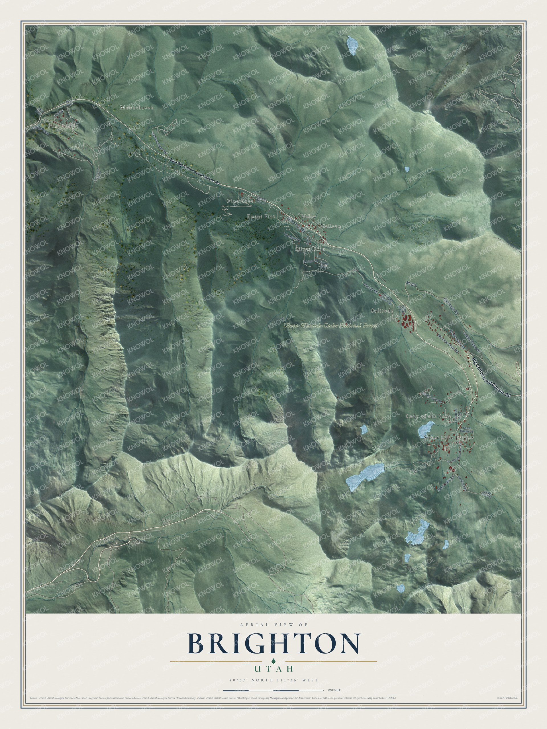 Full map of Brighton, Utah, with red buildings, printed street names and the land around them