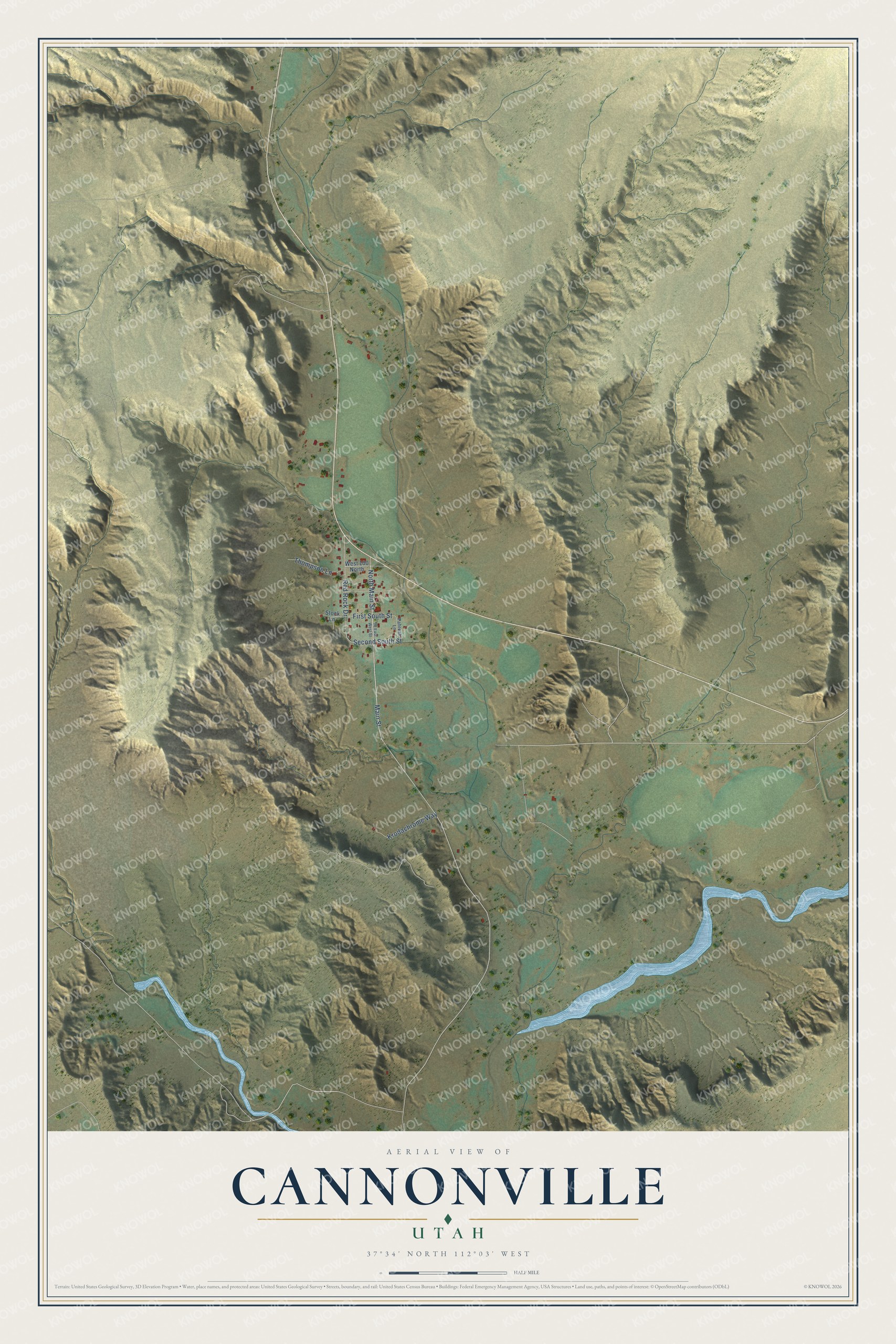 Full map of Cannonville, Utah, with red buildings, printed street names and the land around them