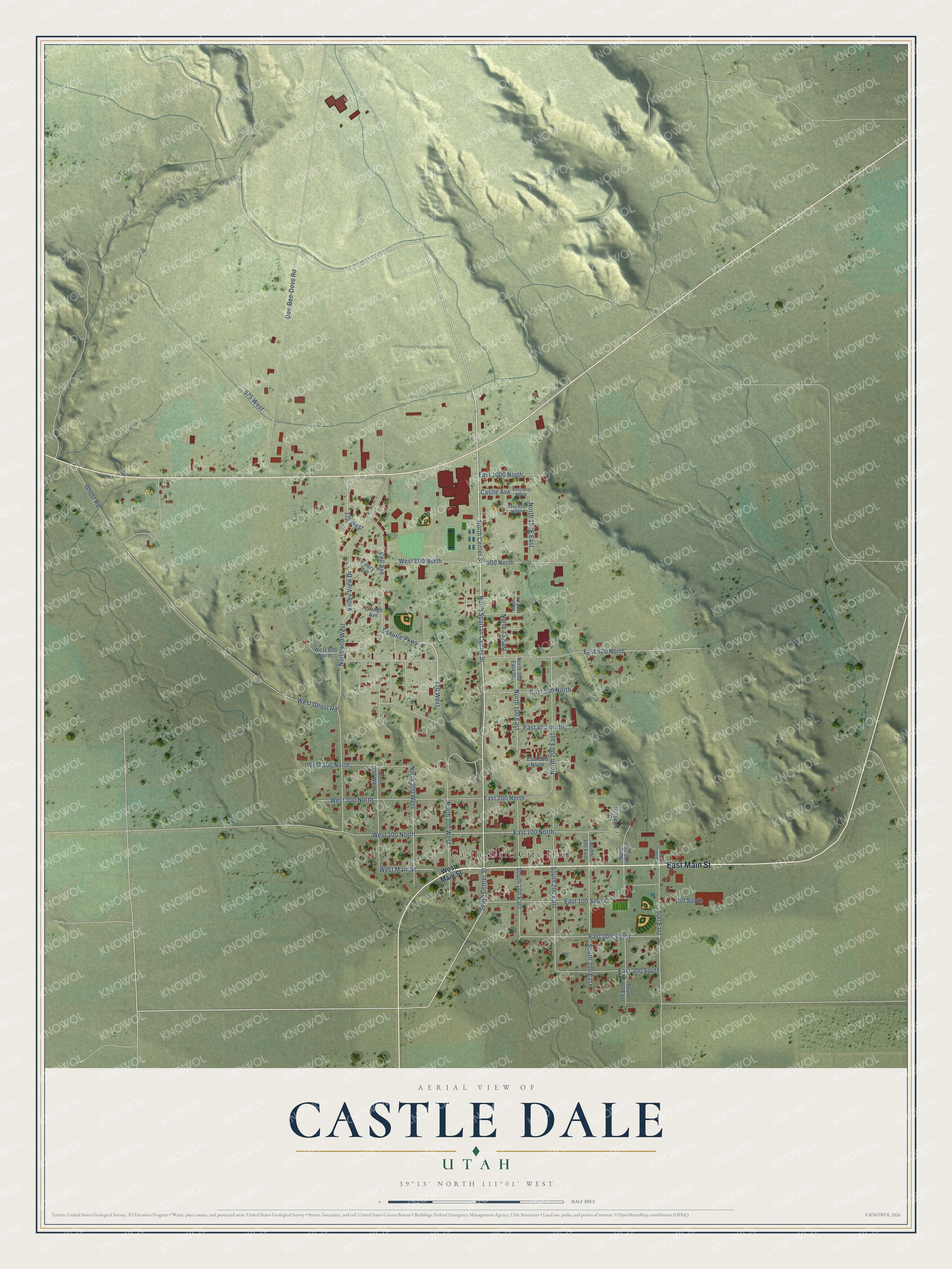 Full map of Castle Dale, Utah, with red buildings, printed street names and the land around them