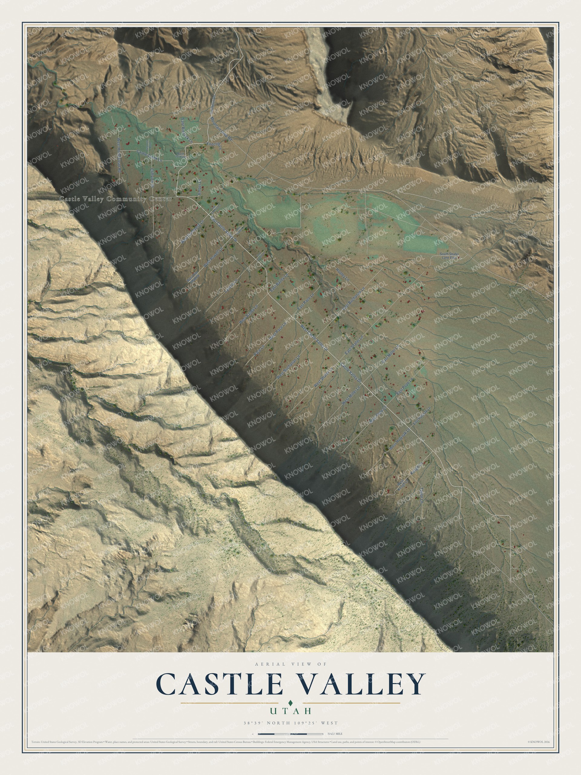 Full map of Castle Valley, Utah, with red buildings, printed street names and the land around them