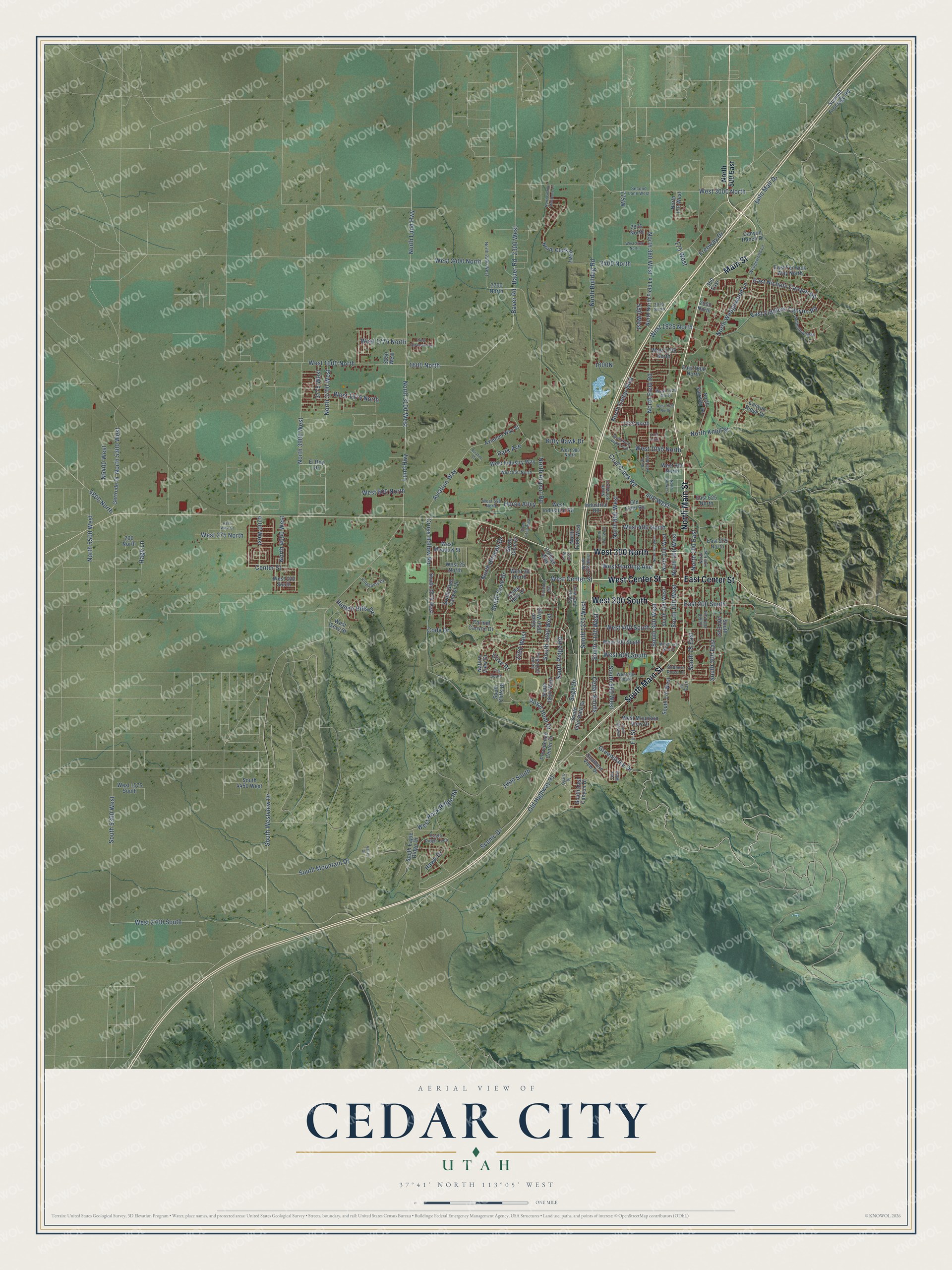 Full map of Cedar City, Utah, with red buildings, printed street names and the land around them