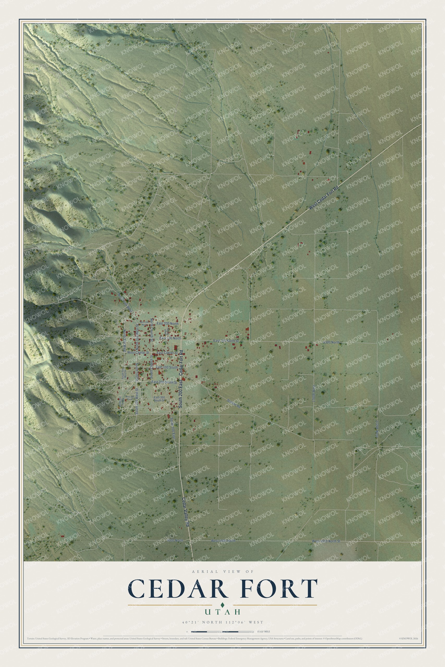 Full map of Cedar Fort, Utah, with red buildings, printed street names and the land around them