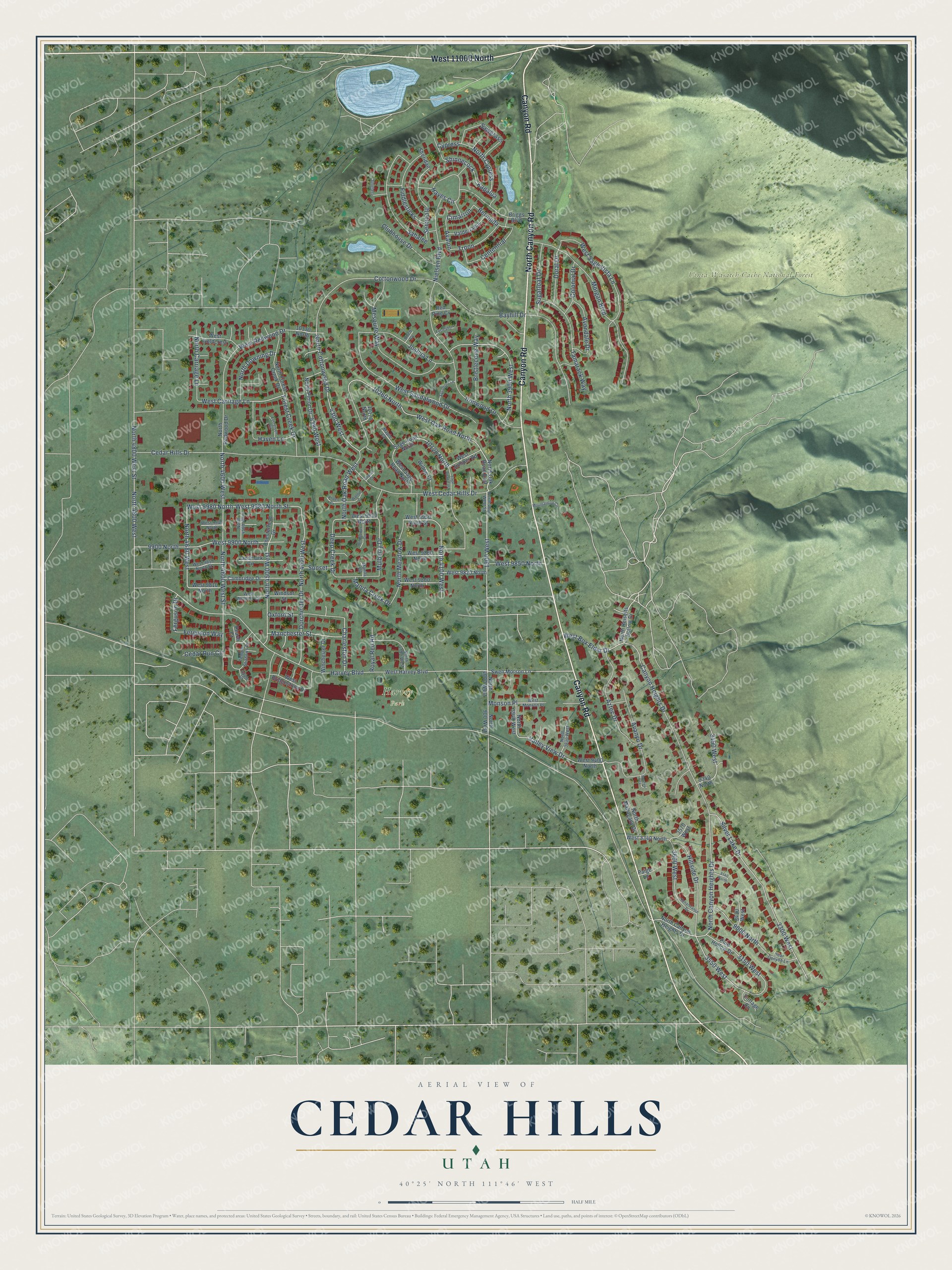 Full map of Cedar Hills, Utah, with red buildings, printed street names and the land around them