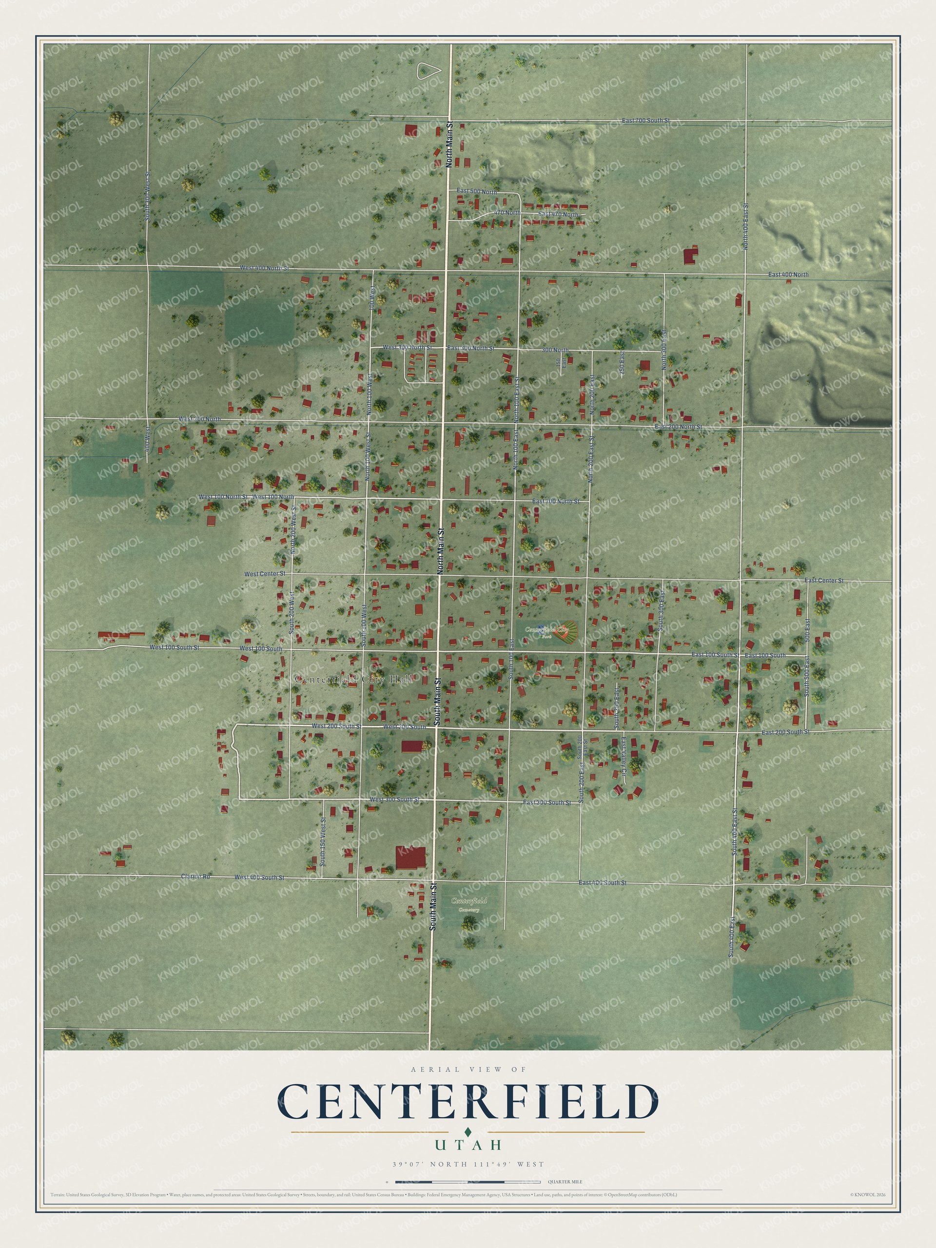 Full map of Centerfield, Utah, with red buildings, printed street names and the land around them