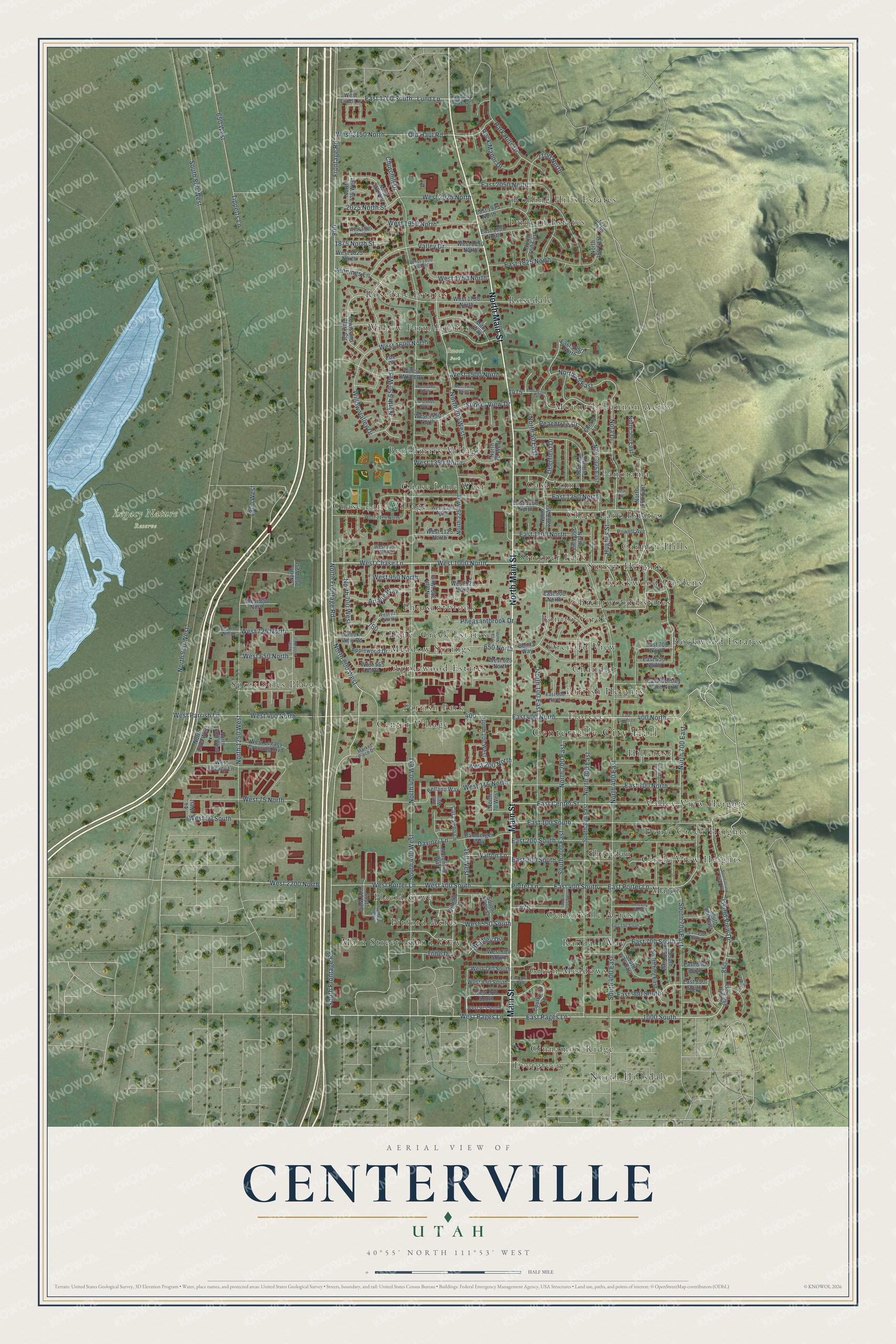 Full map of Centerville, Utah, with red buildings, printed street names and the land around them