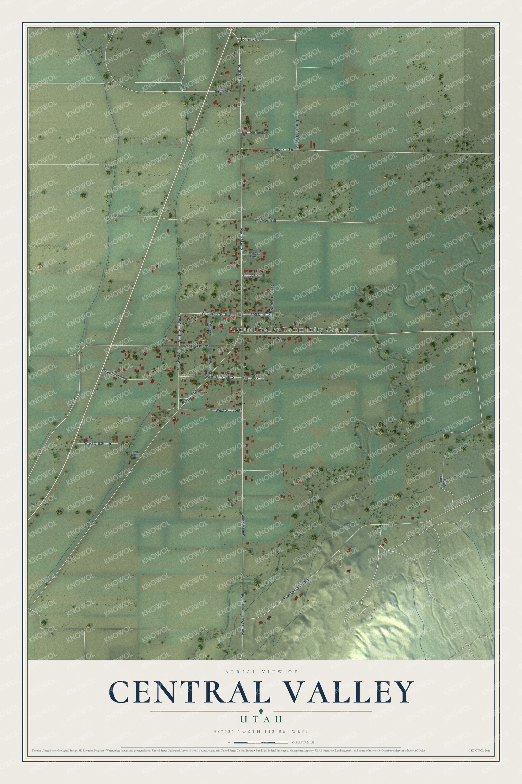 Full map of Central Valley, Utah, with red buildings, printed street names and the land around them