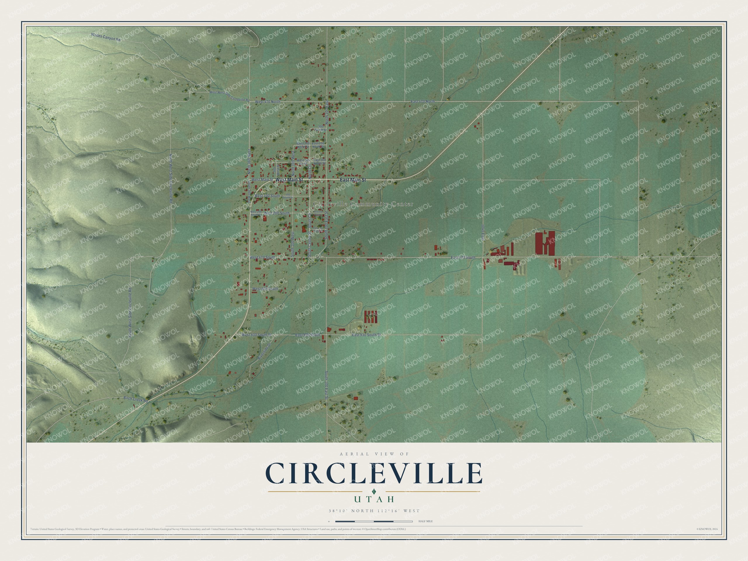 Full map of Circleville, Utah, with red buildings, printed street names and the land around them