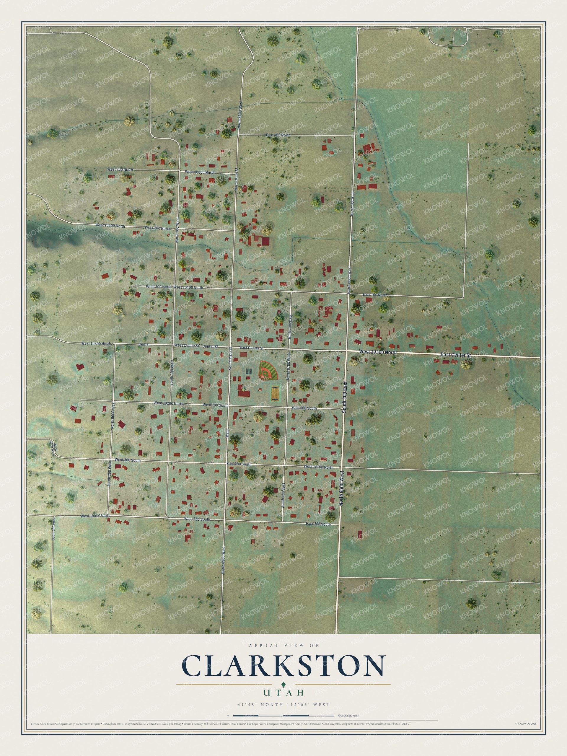 Full map of Clarkston, Utah, with red buildings, printed street names and the land around them