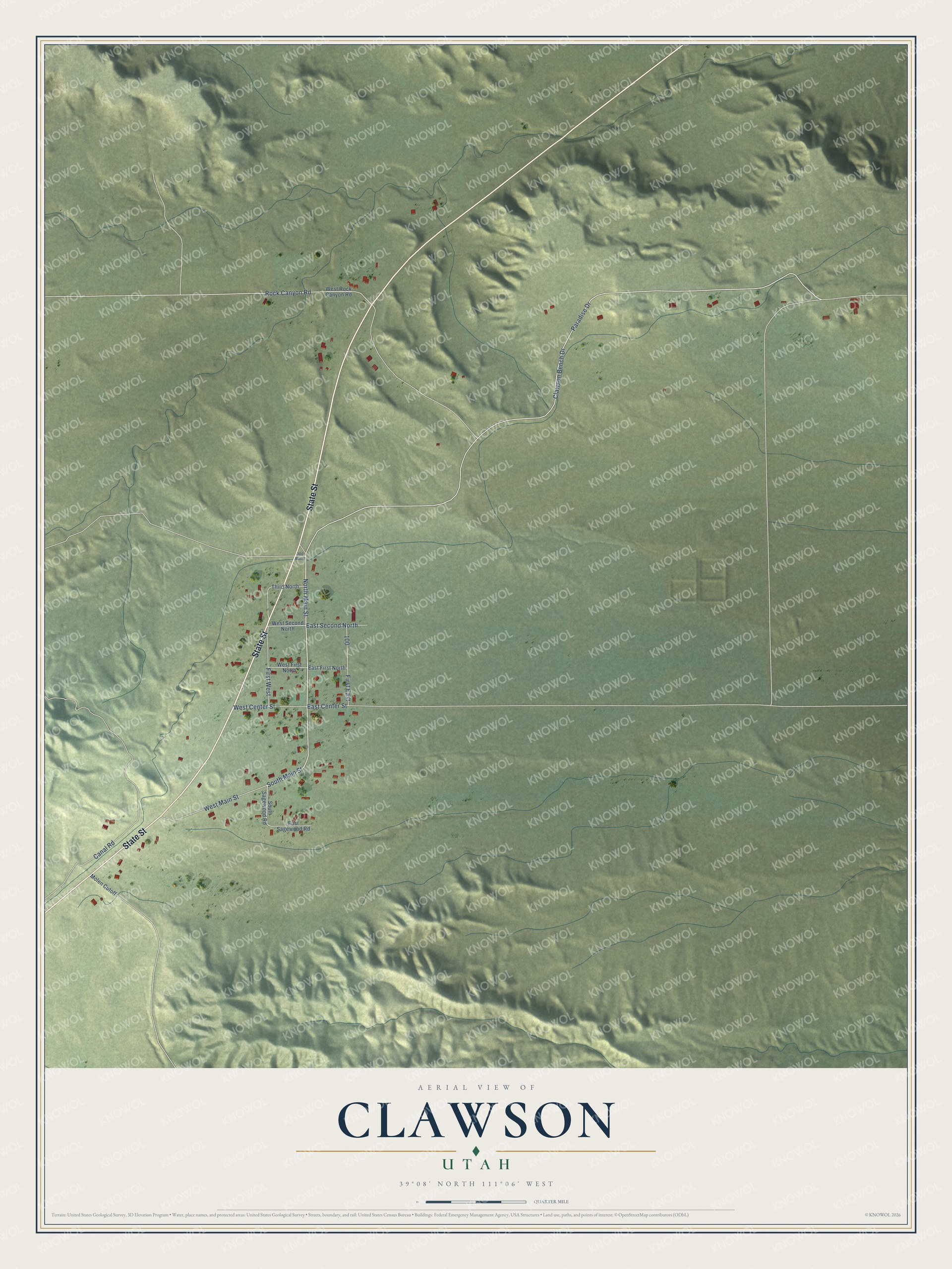 Full map of Clawson, Utah, with red buildings, printed street names and the land around them