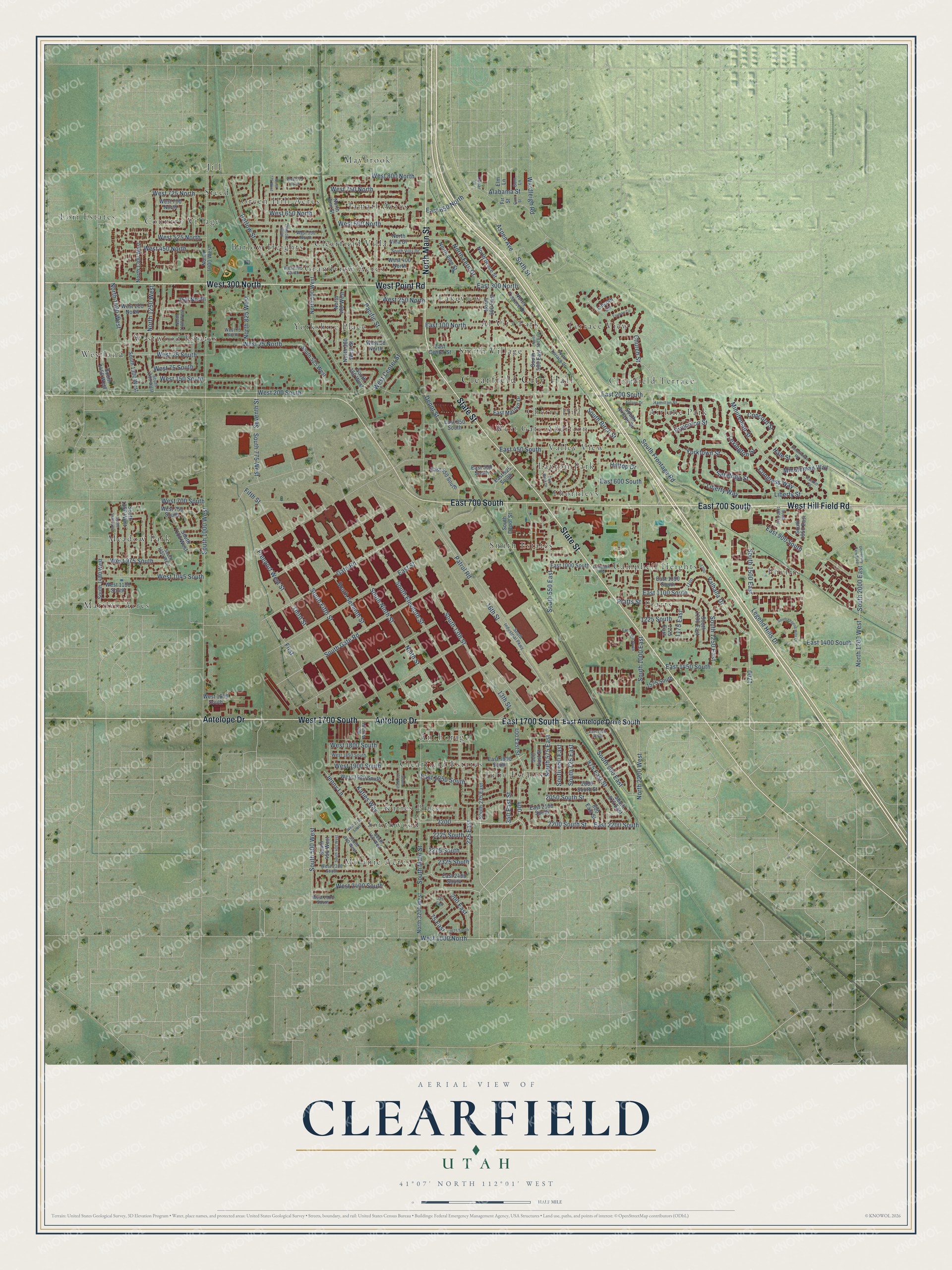 Full map of Clearfield, Utah, with red buildings, printed street names and the land around them