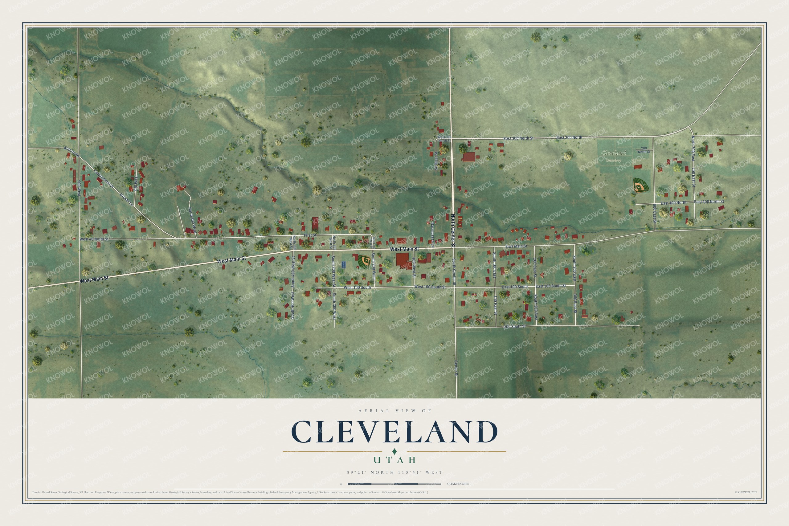 Full map of Cleveland, Utah, with red buildings, printed street names and the land around them