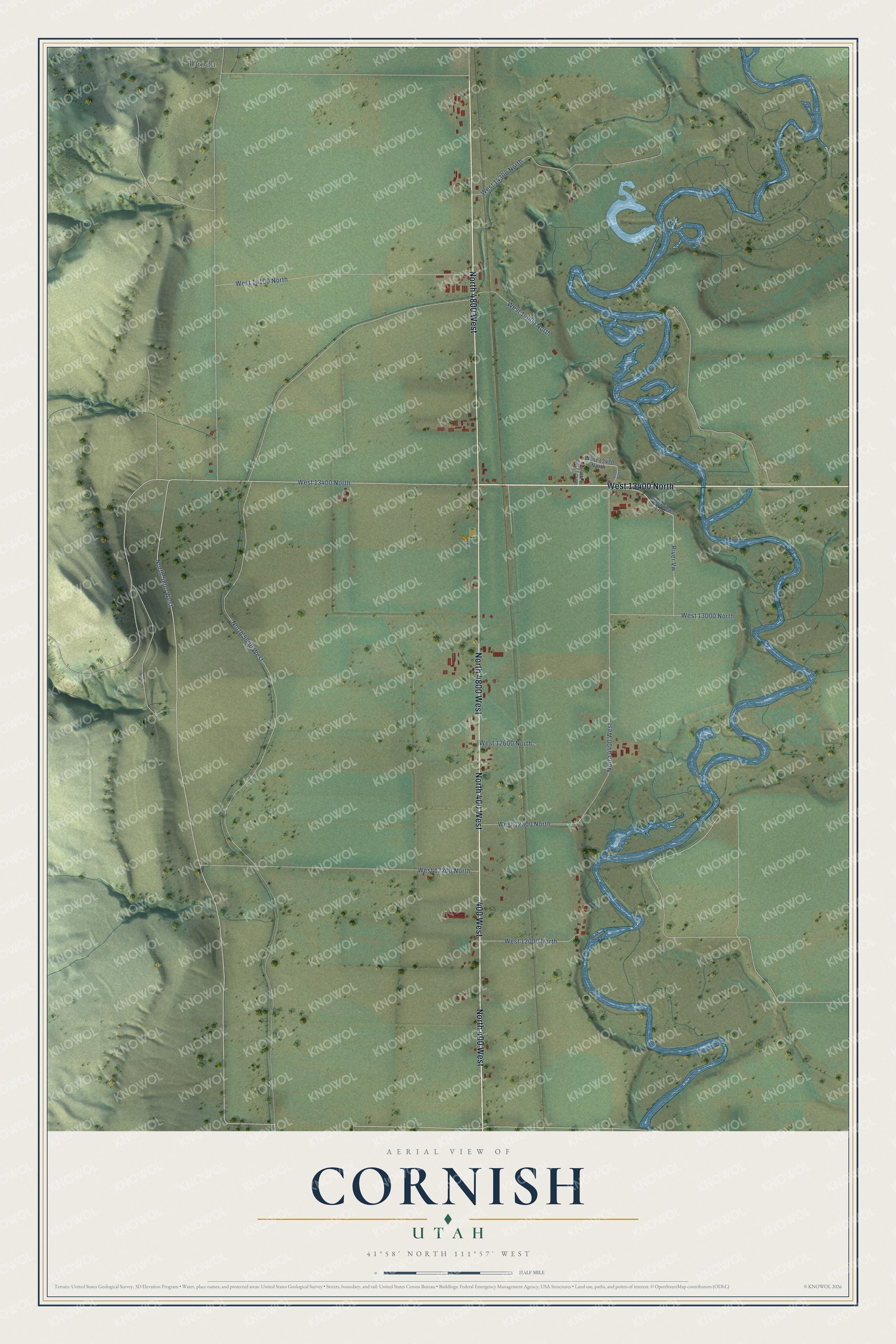 Full map of Cornish, Utah, with red buildings, printed street names and the land around them