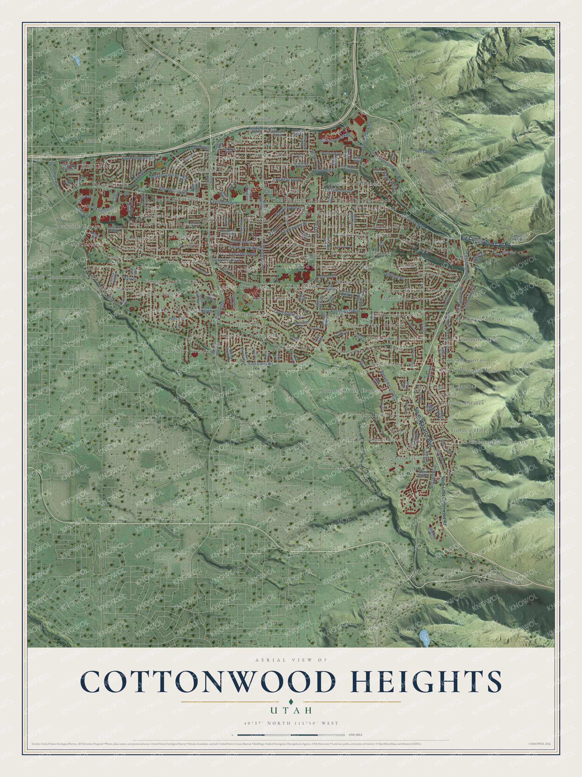 Full map of Cottonwood Heights, Utah, with red buildings, printed street names and the land around them
